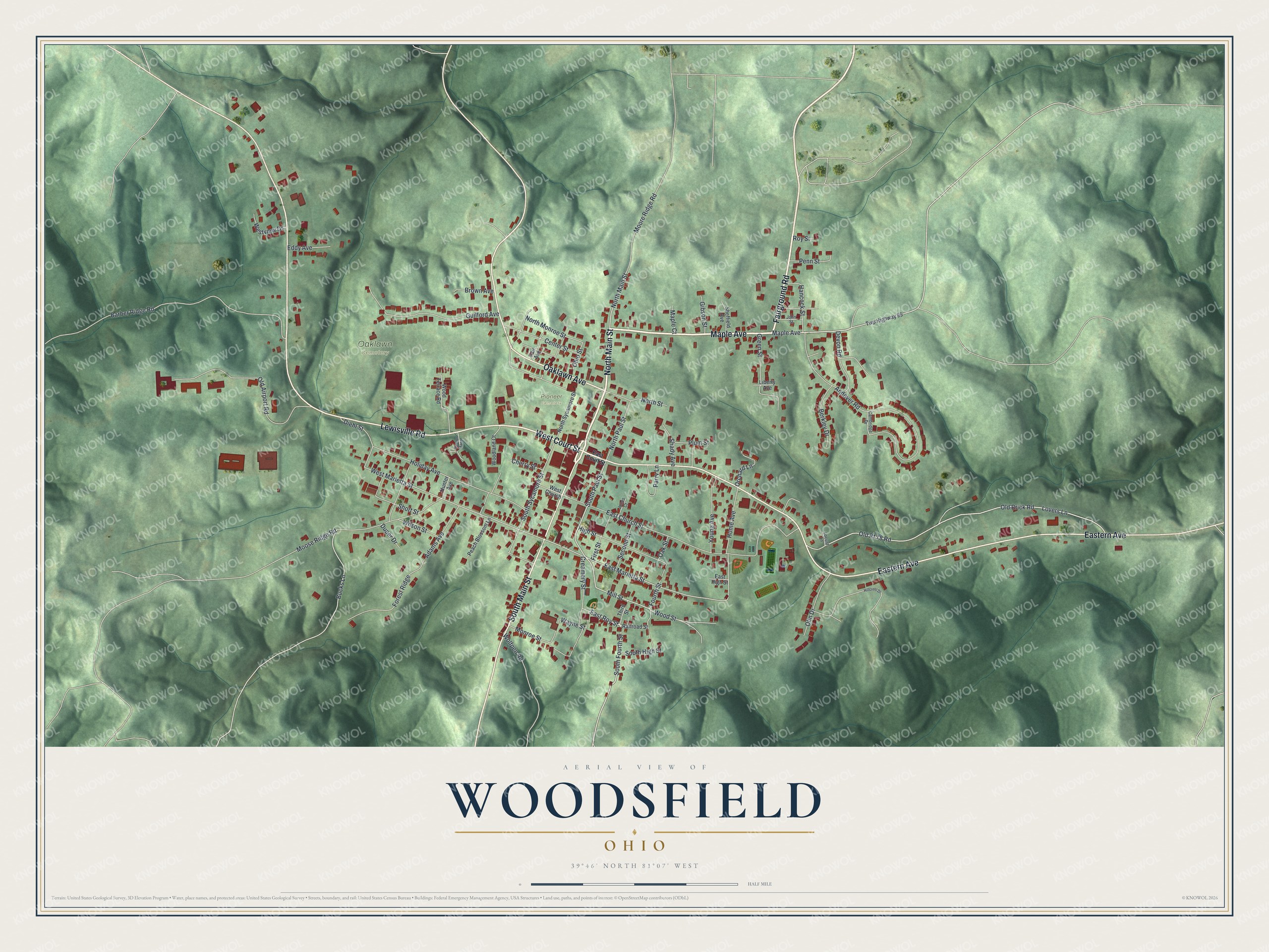 Aerial map of Woodsfield, Ohio, with red buildings in a valley among shaded green hills and a title panel below