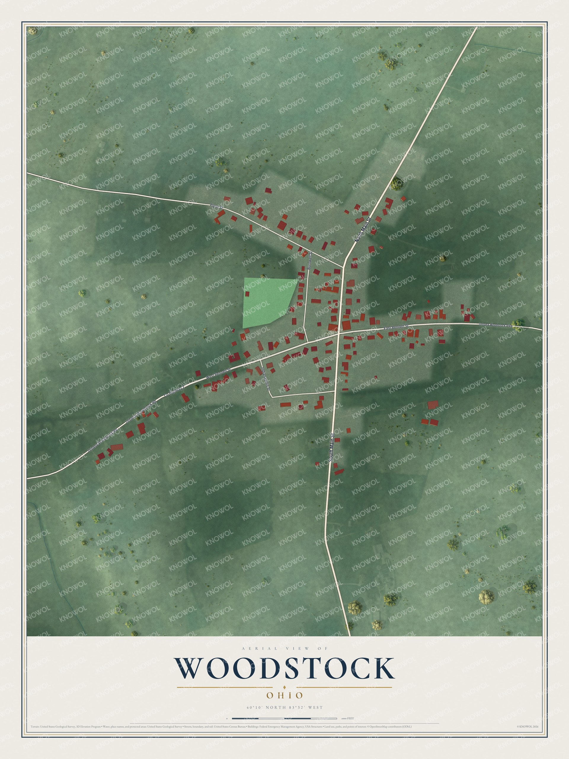 Aerial-style map of Woodstock, Ohio, with red buildings along Main Street and Bennett Street among green fields