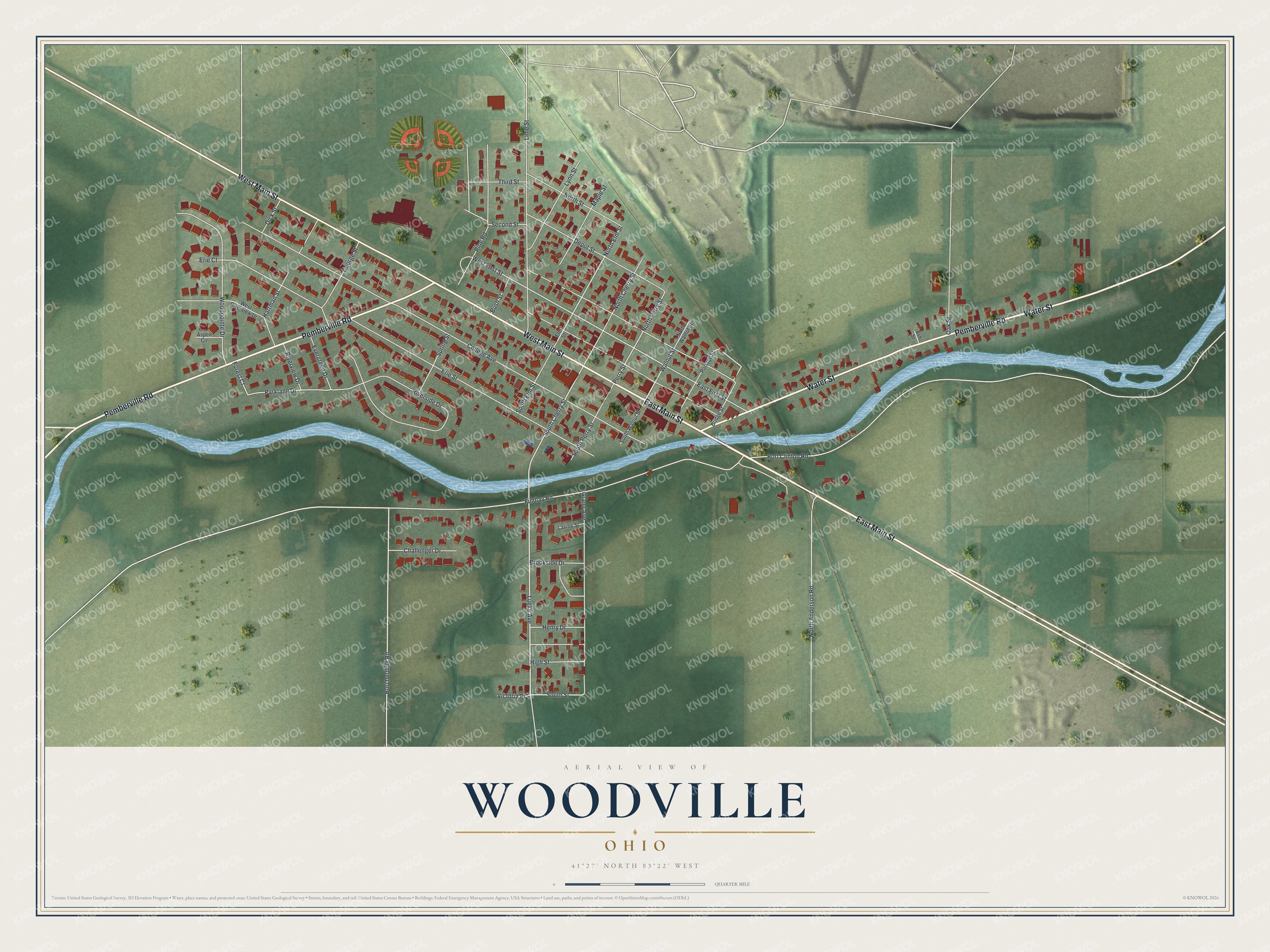 Full aerial map of Woodville, Ohio, with red buildings, green fields, a winding blue river, pale roads, and a cream title panel