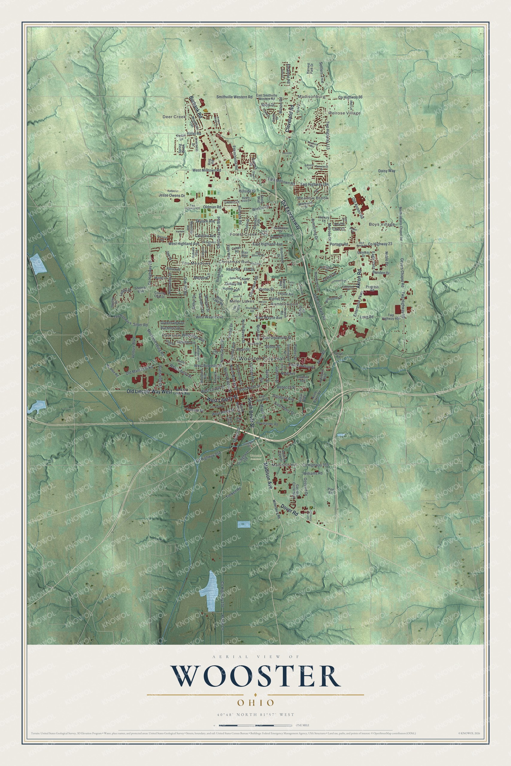Map of Wooster, Ohio, with red building shapes filling a long valley, green shaded hills all around and a pale blue lake to the south