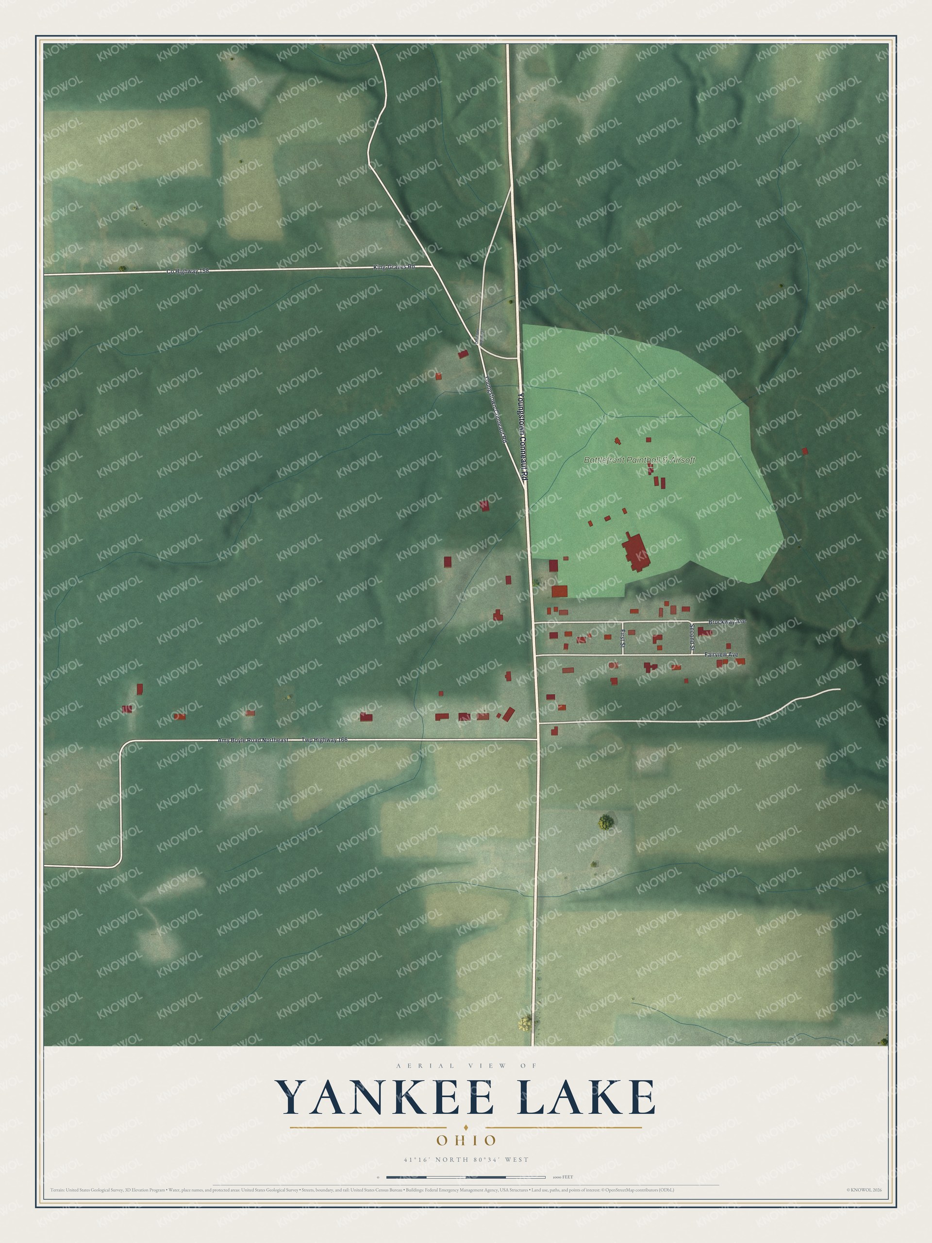 Full map of Yankee Lake, Ohio, with red buildings, printed street names and the land around them