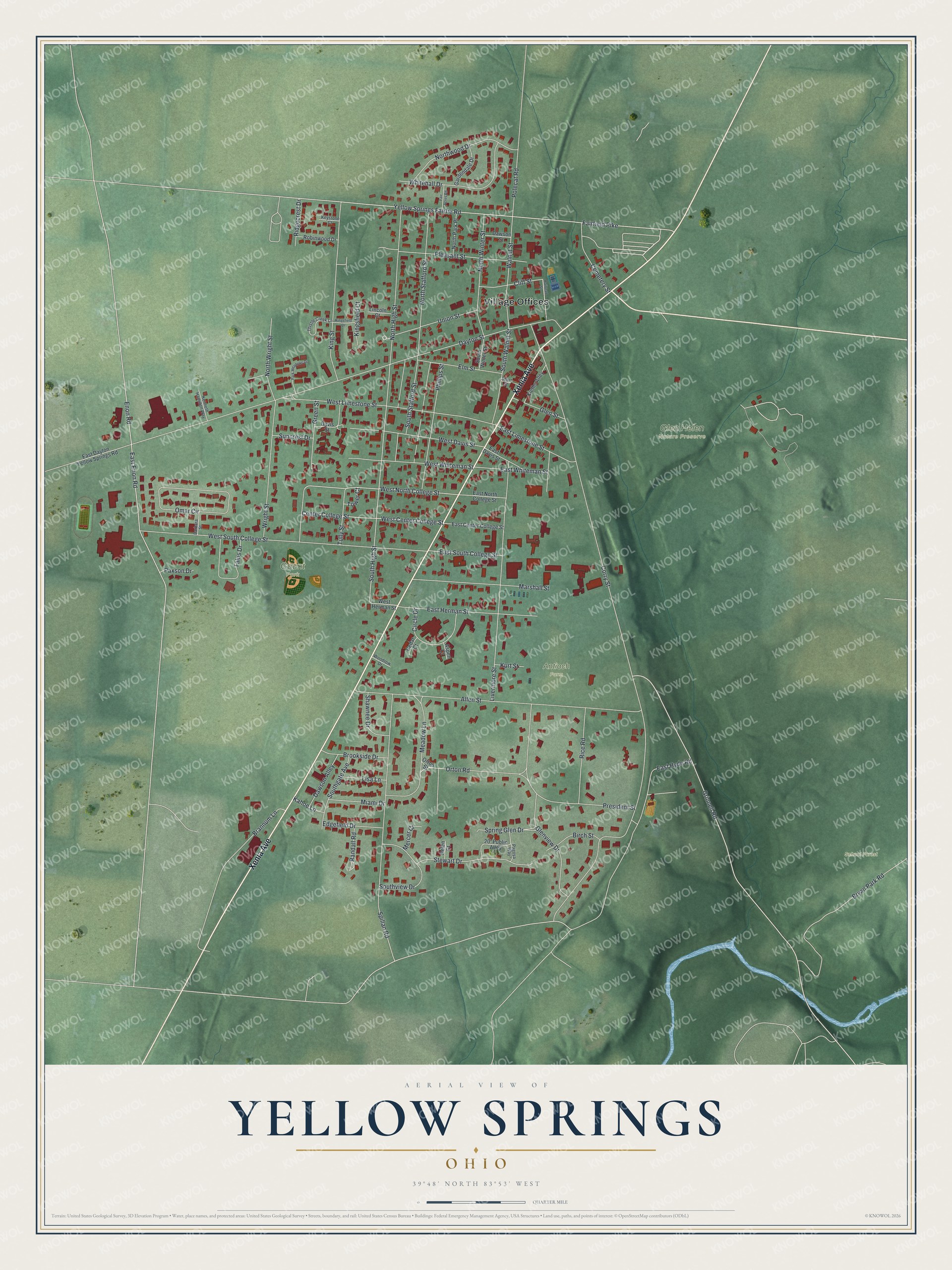 Aerial-style map of Yellow Springs, Ohio with red buildings and pale streets on green shaded hills beside Glen Helen Nature Preserve