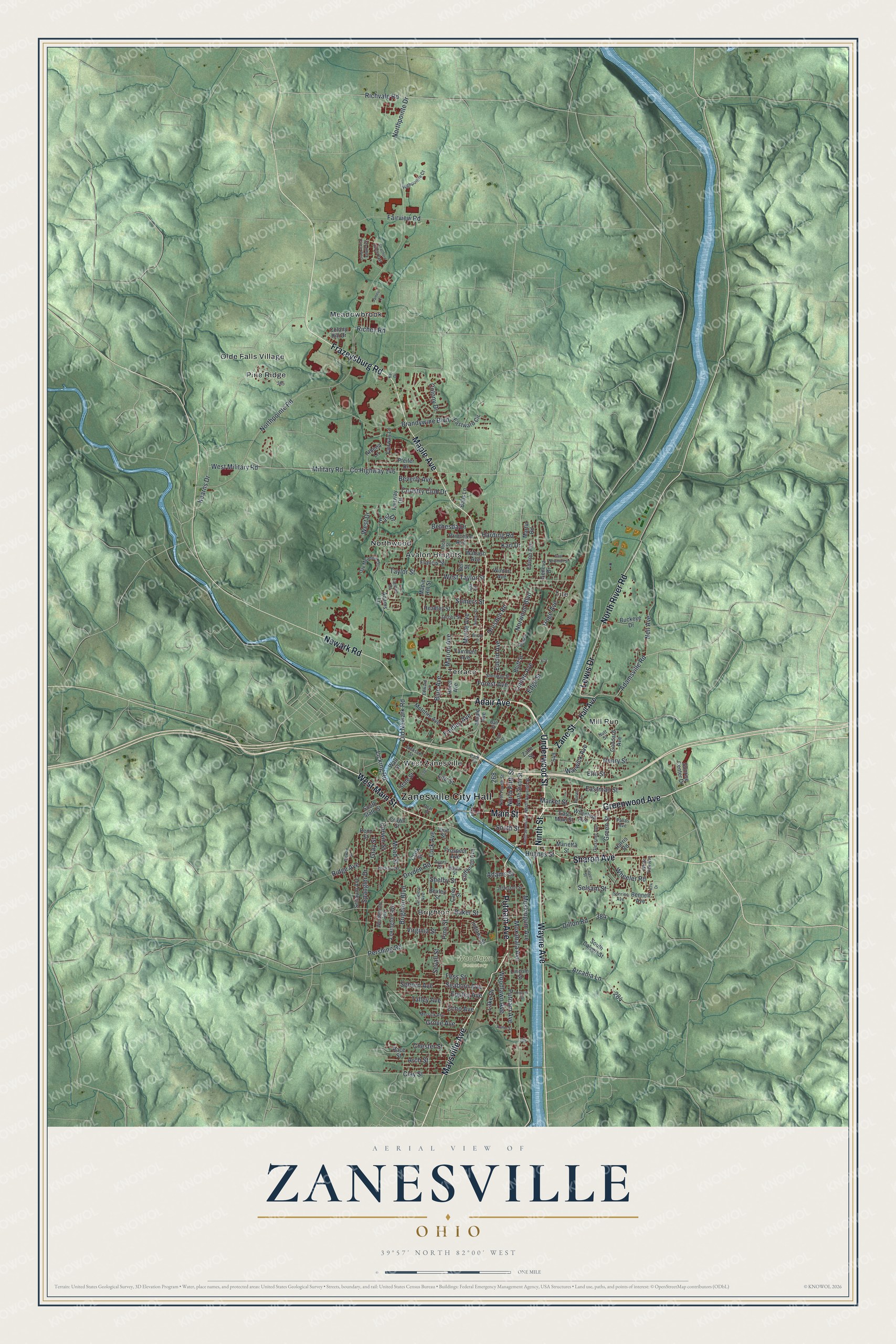 Full map of Zanesville, Ohio, with red buildings, printed street names and the land around them