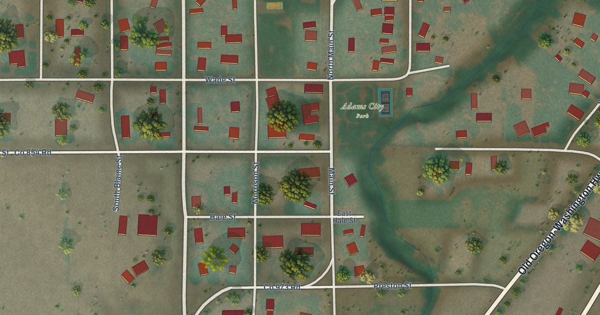 Map of Adams, Oregon in 2026