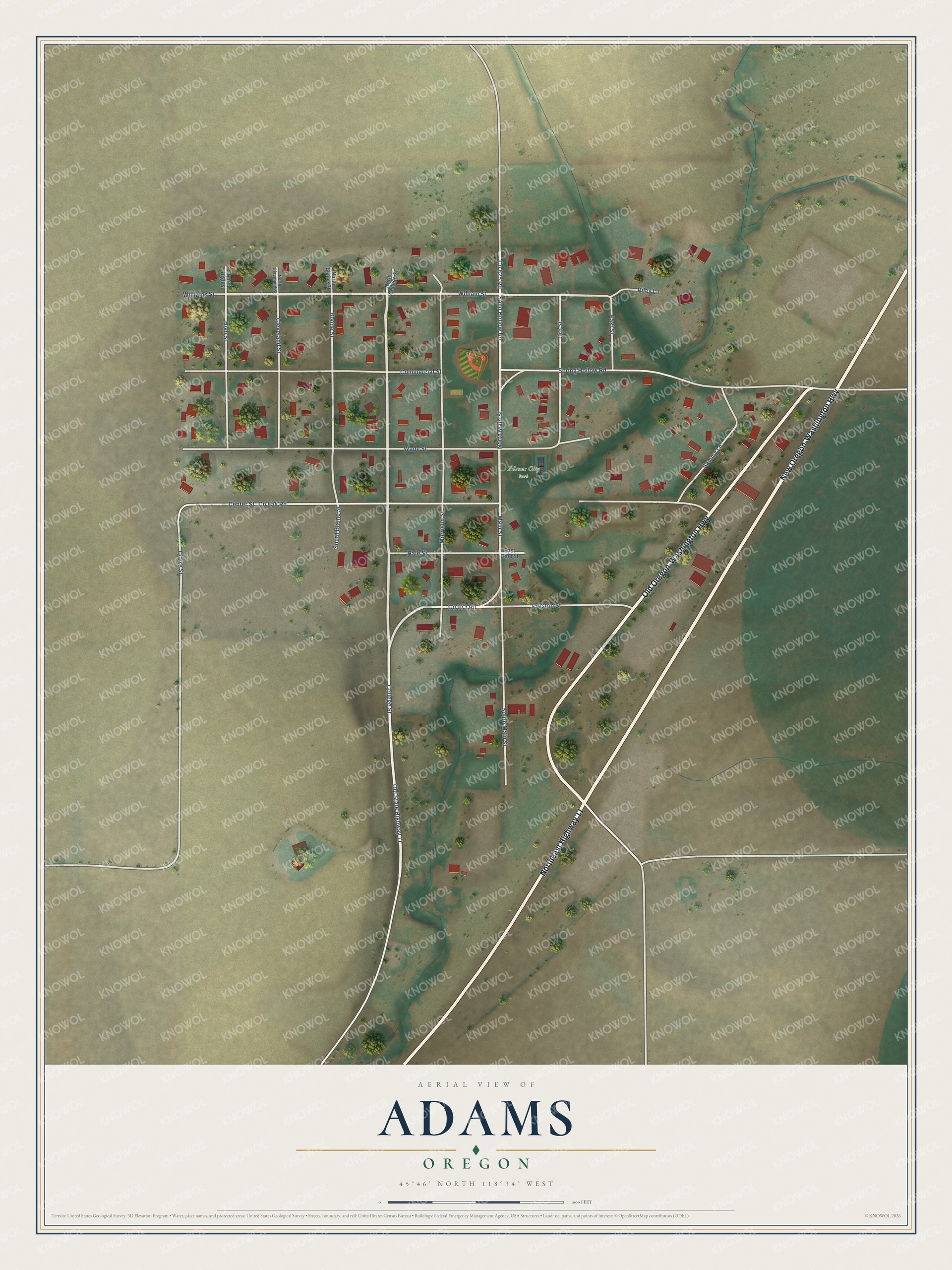 Watermarked full-map preview of Adams, Oregon