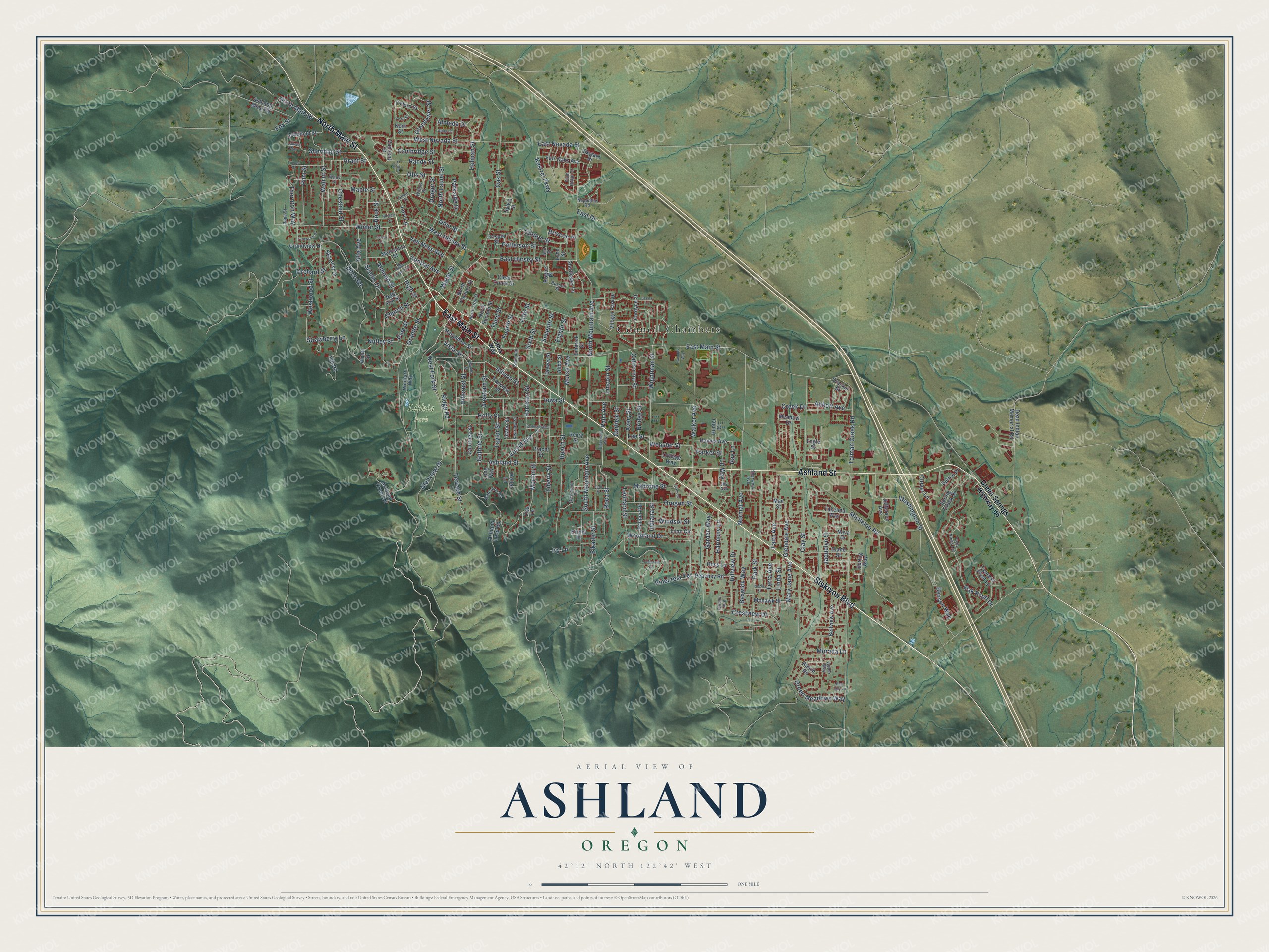 Watermarked full-map preview of Ashland, Oregon