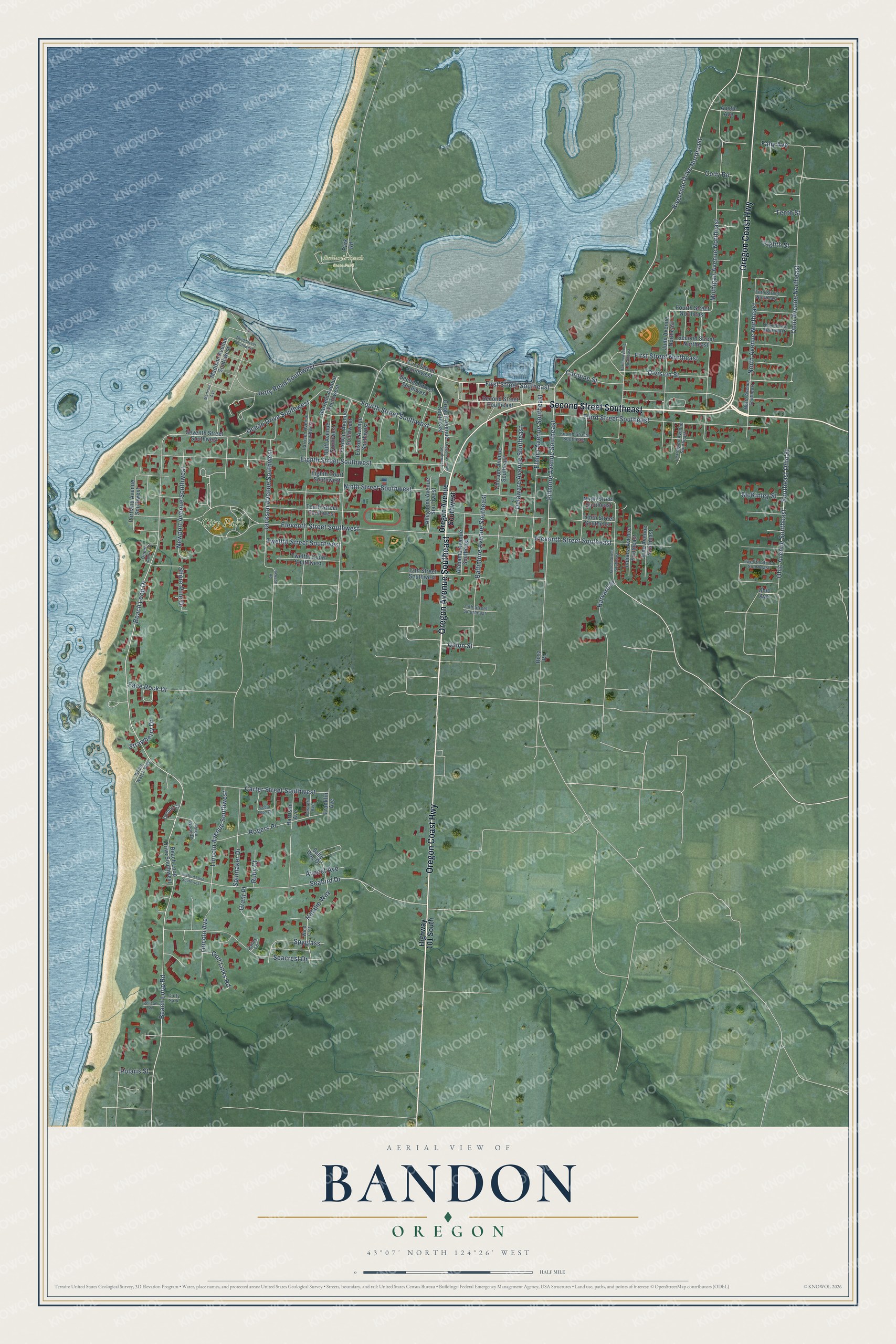 Watermarked full-map preview of Bandon, Oregon