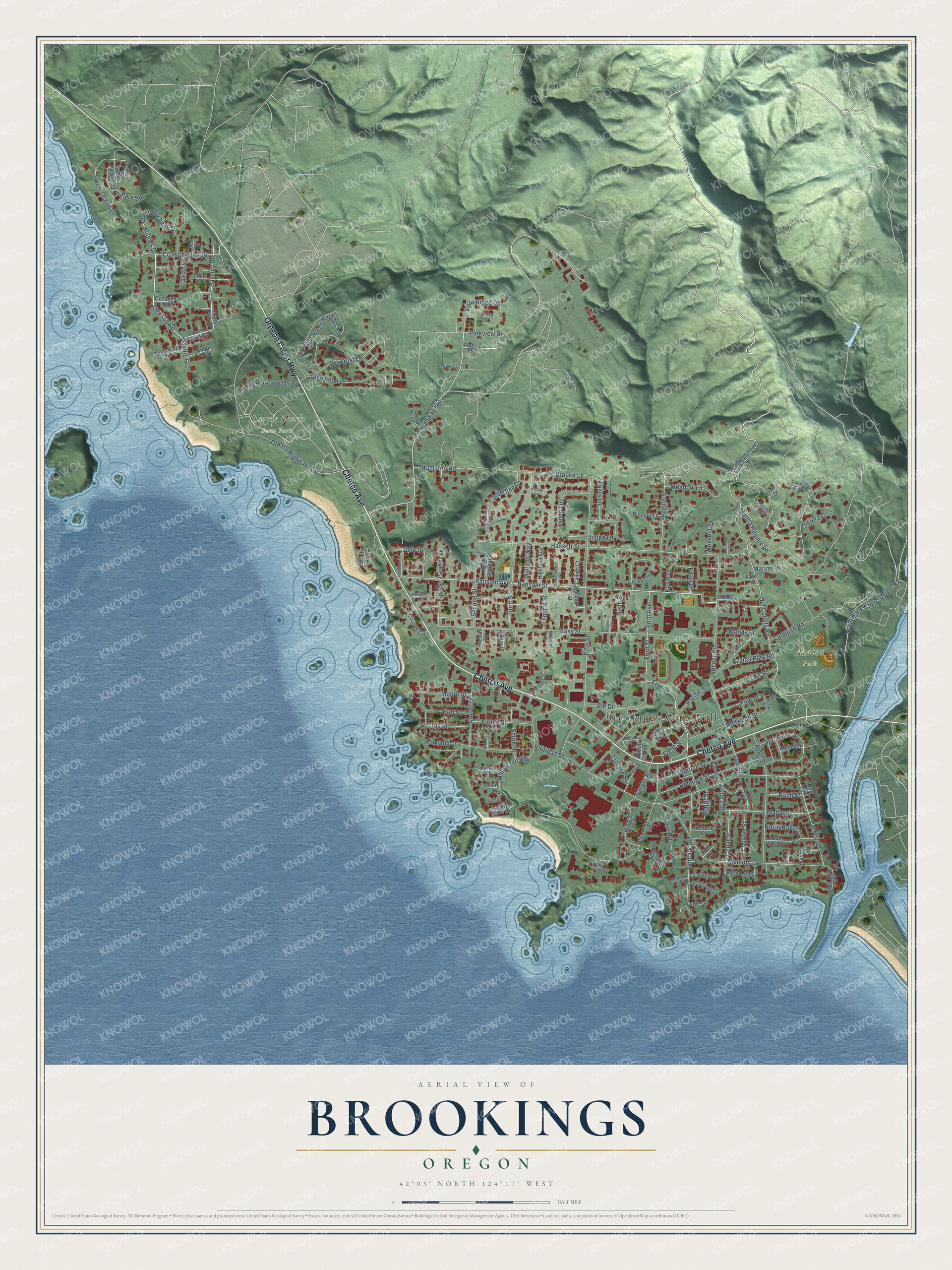 Watermarked full-map preview of Brookings, Oregon