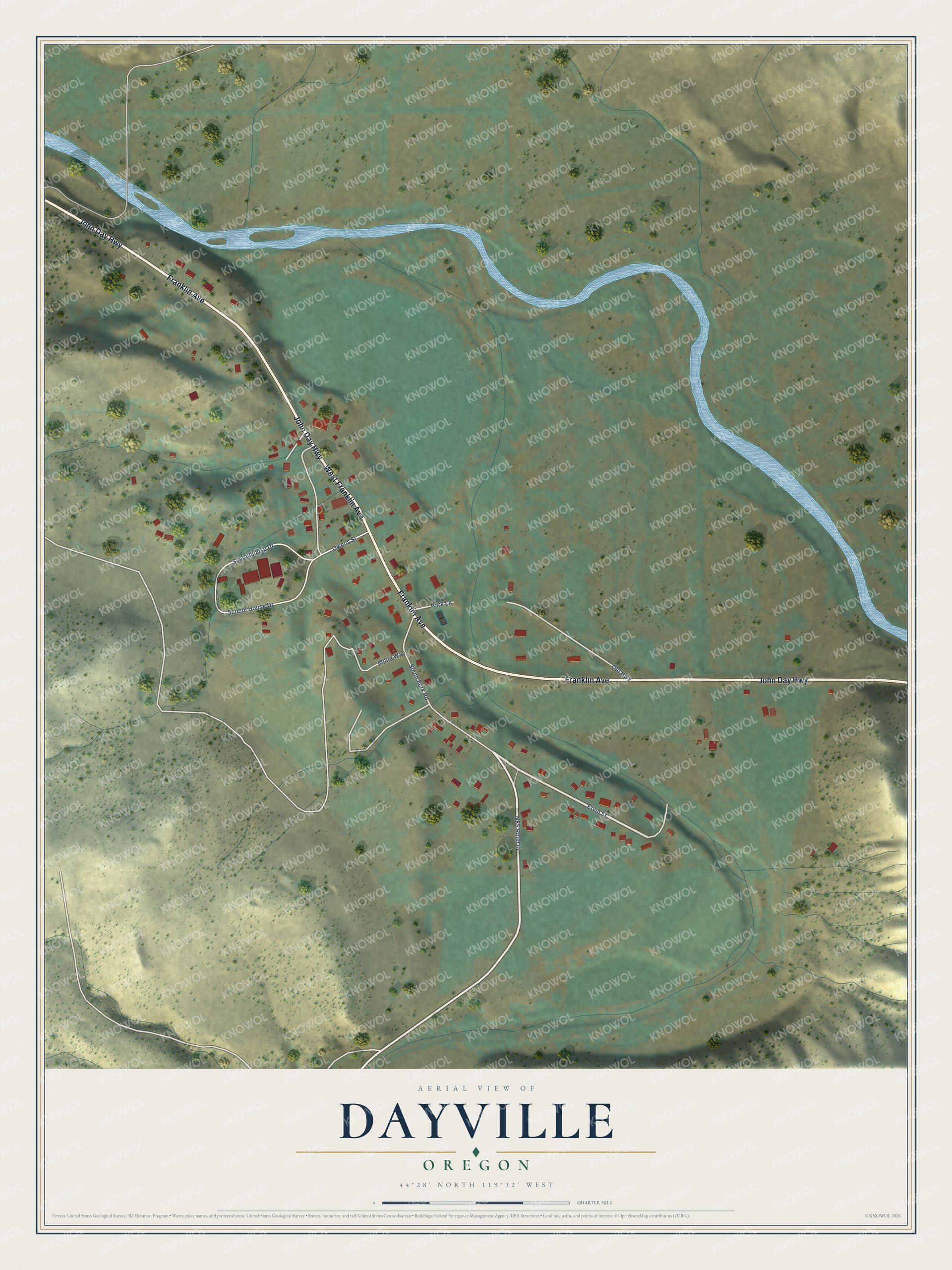 Watermarked full-map preview of Dayville, Oregon