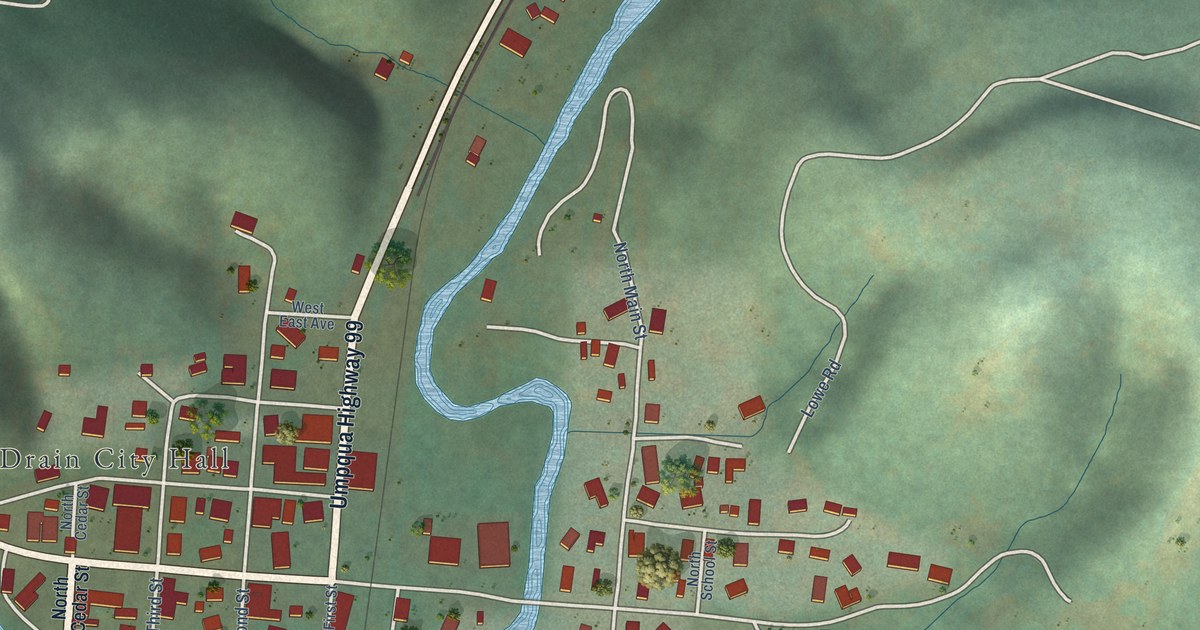 Map of Drain, Oregon in 2026