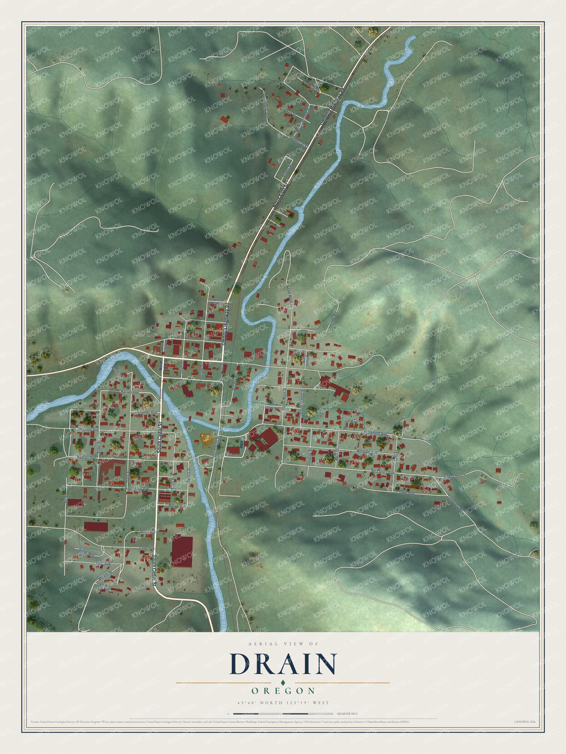 Watermarked full-map preview of Drain, Oregon
