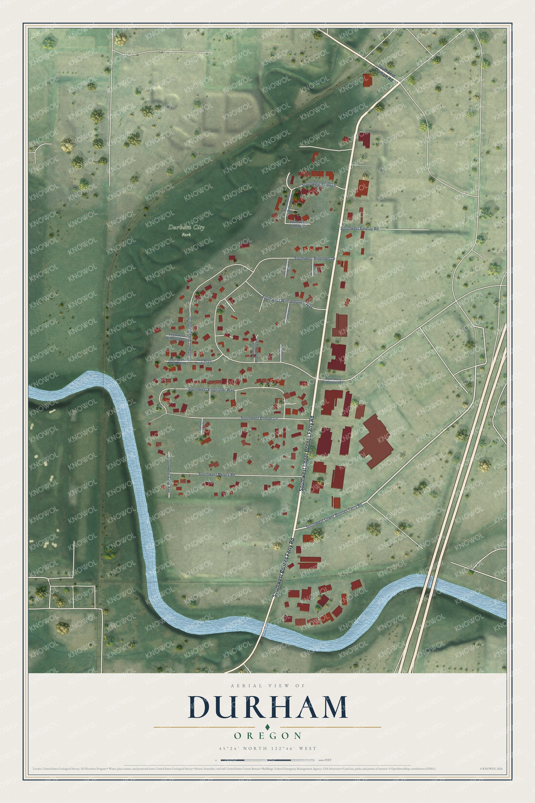 Watermarked full-map preview of Durham, Oregon