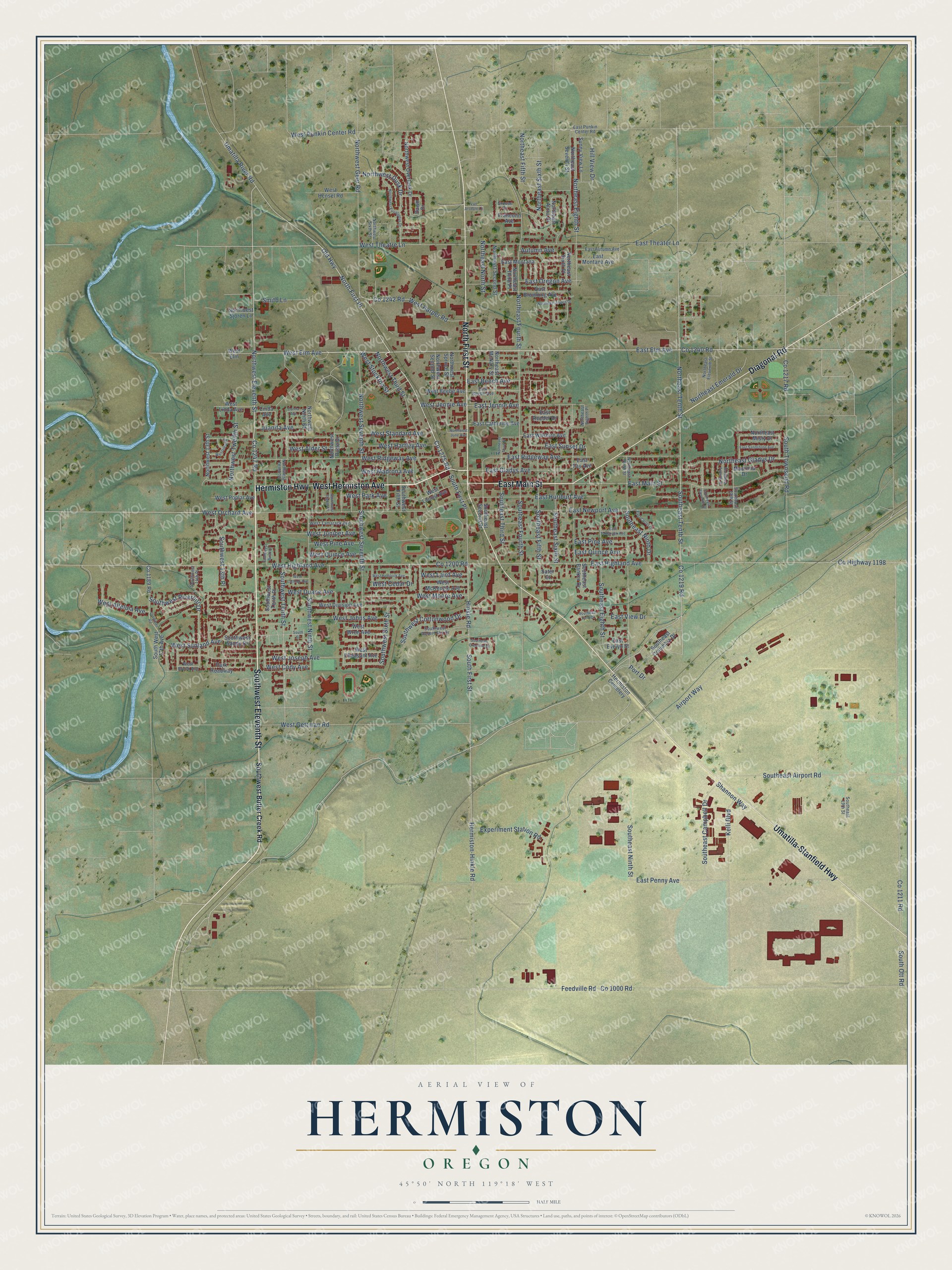Watermarked full-map preview of Hermiston, Oregon