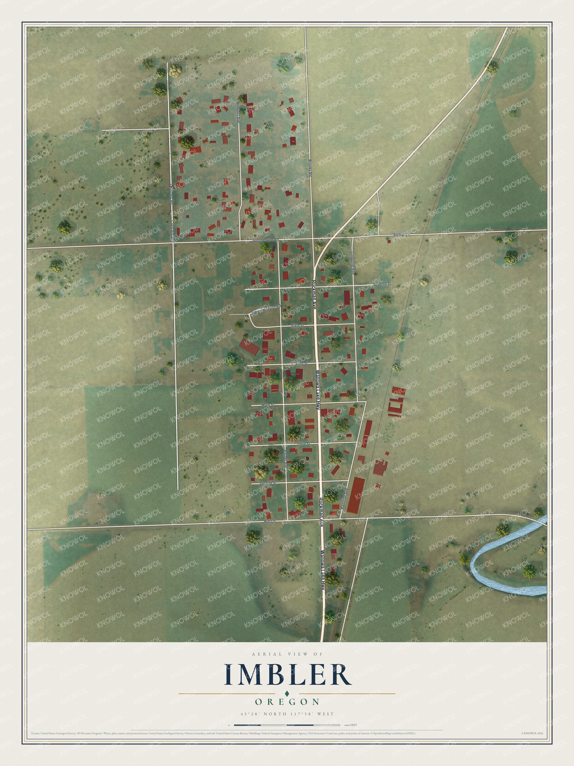 Full map of Imbler, Oregon, with red buildings, printed street names and the land around them