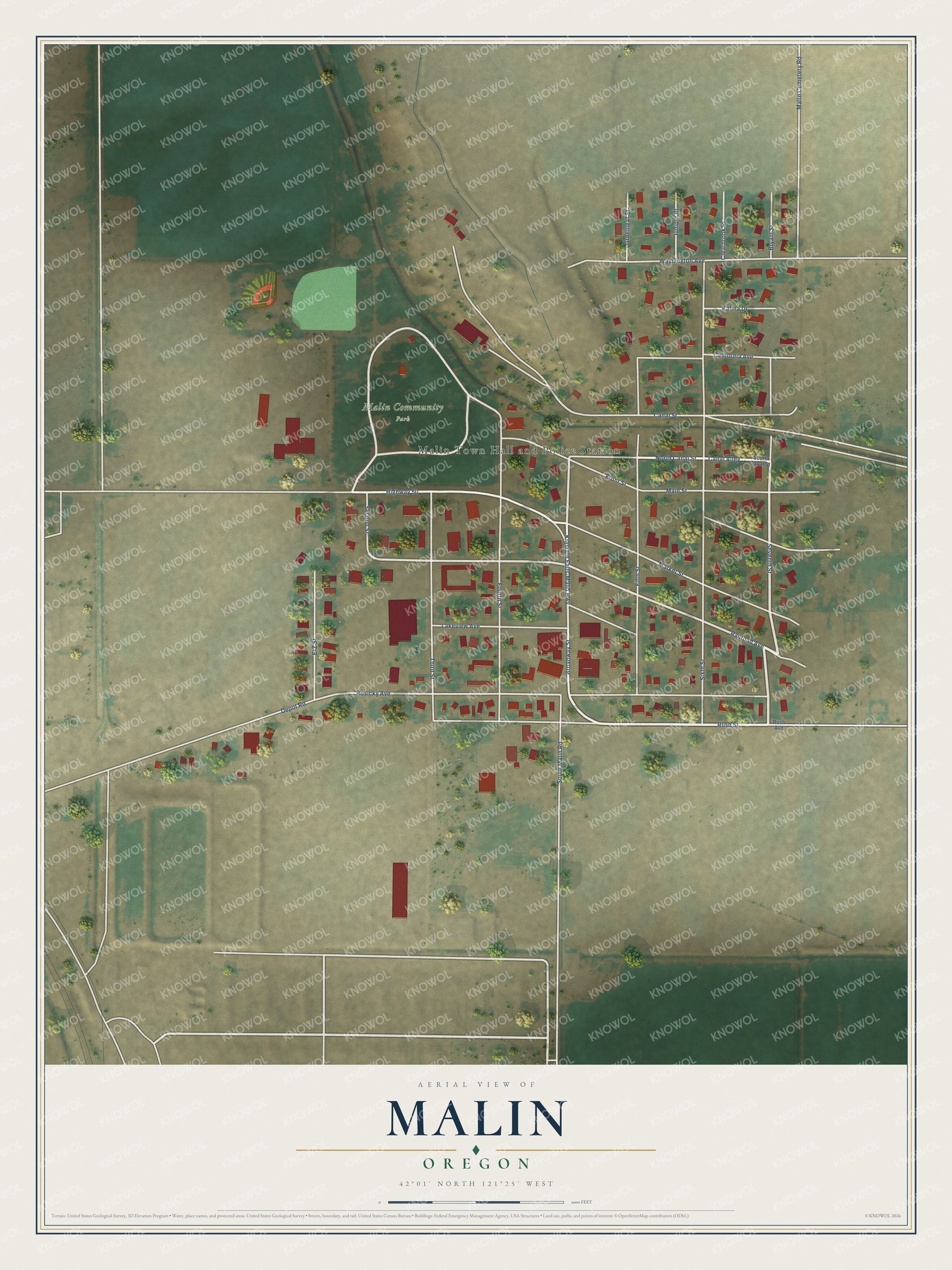 Full map of Malin, Oregon, with red buildings, printed street names and the land around them