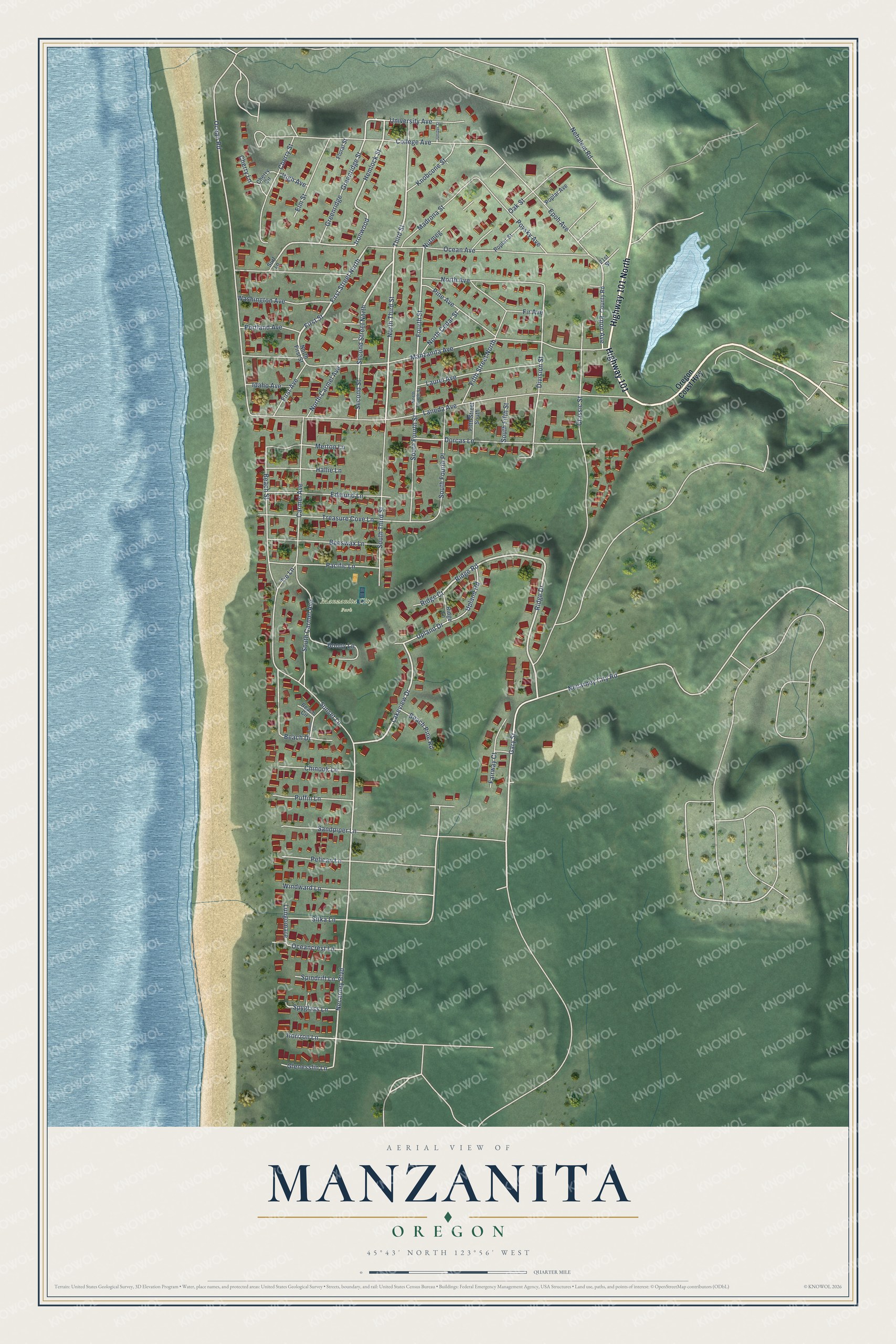 Full map of Manzanita, Oregon, with red buildings, printed street names and the land around them