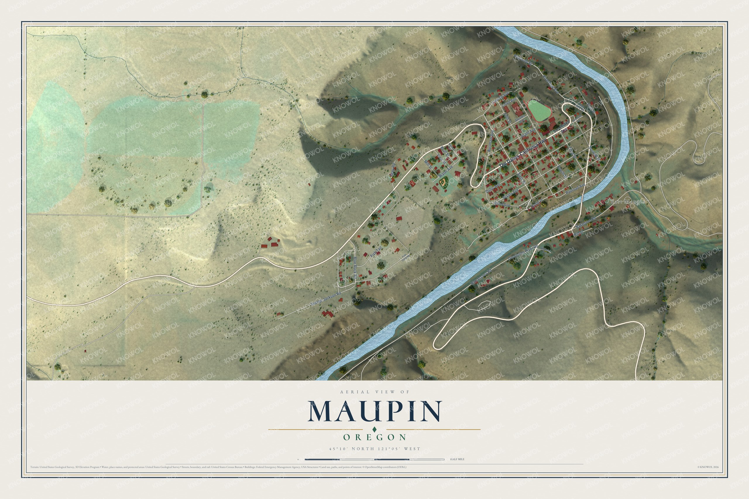 Full map of Maupin, Oregon, with red buildings, printed street names and the land around them