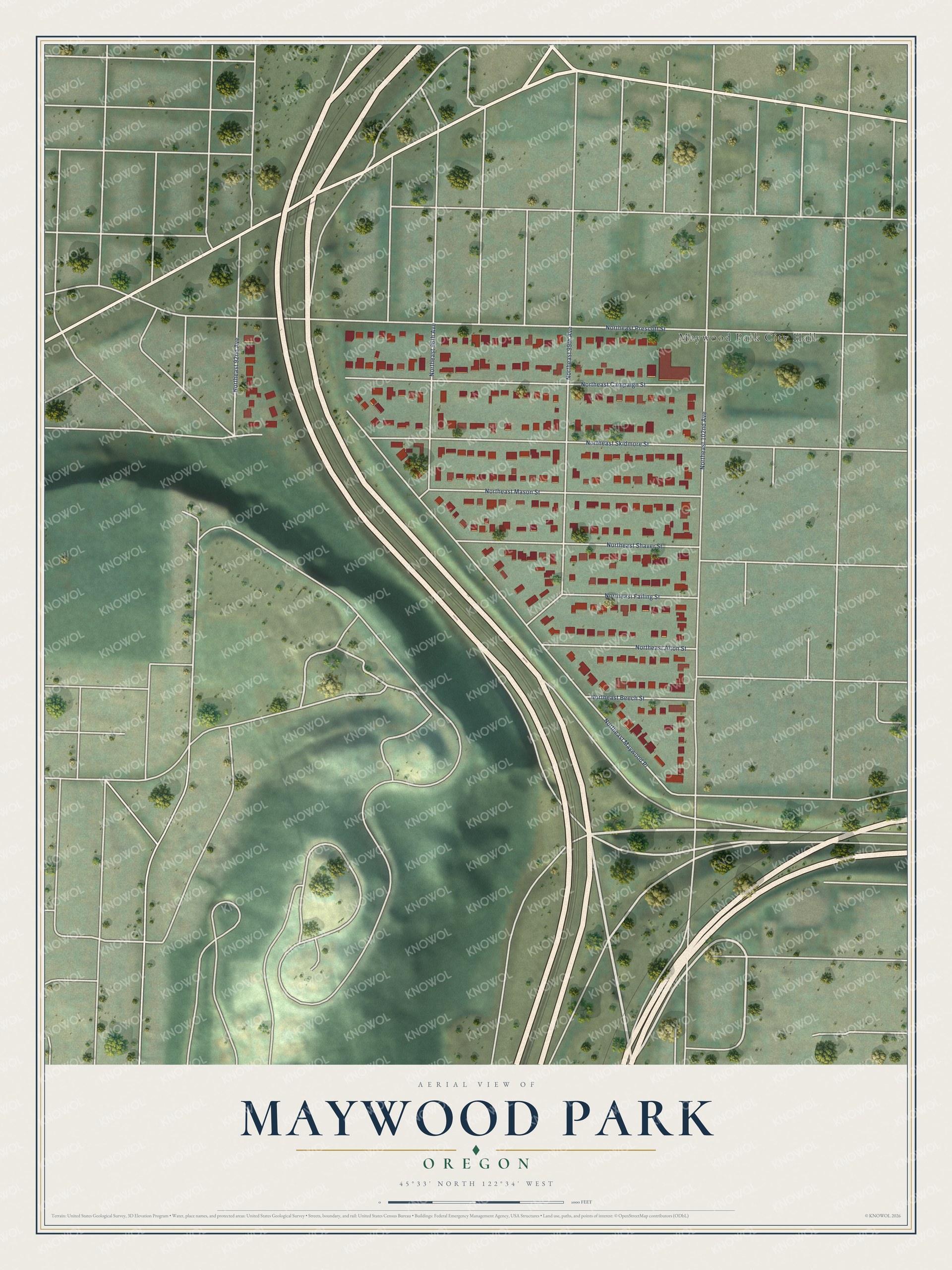Full map of Maywood Park, Oregon, with red buildings, printed street names and the land around them