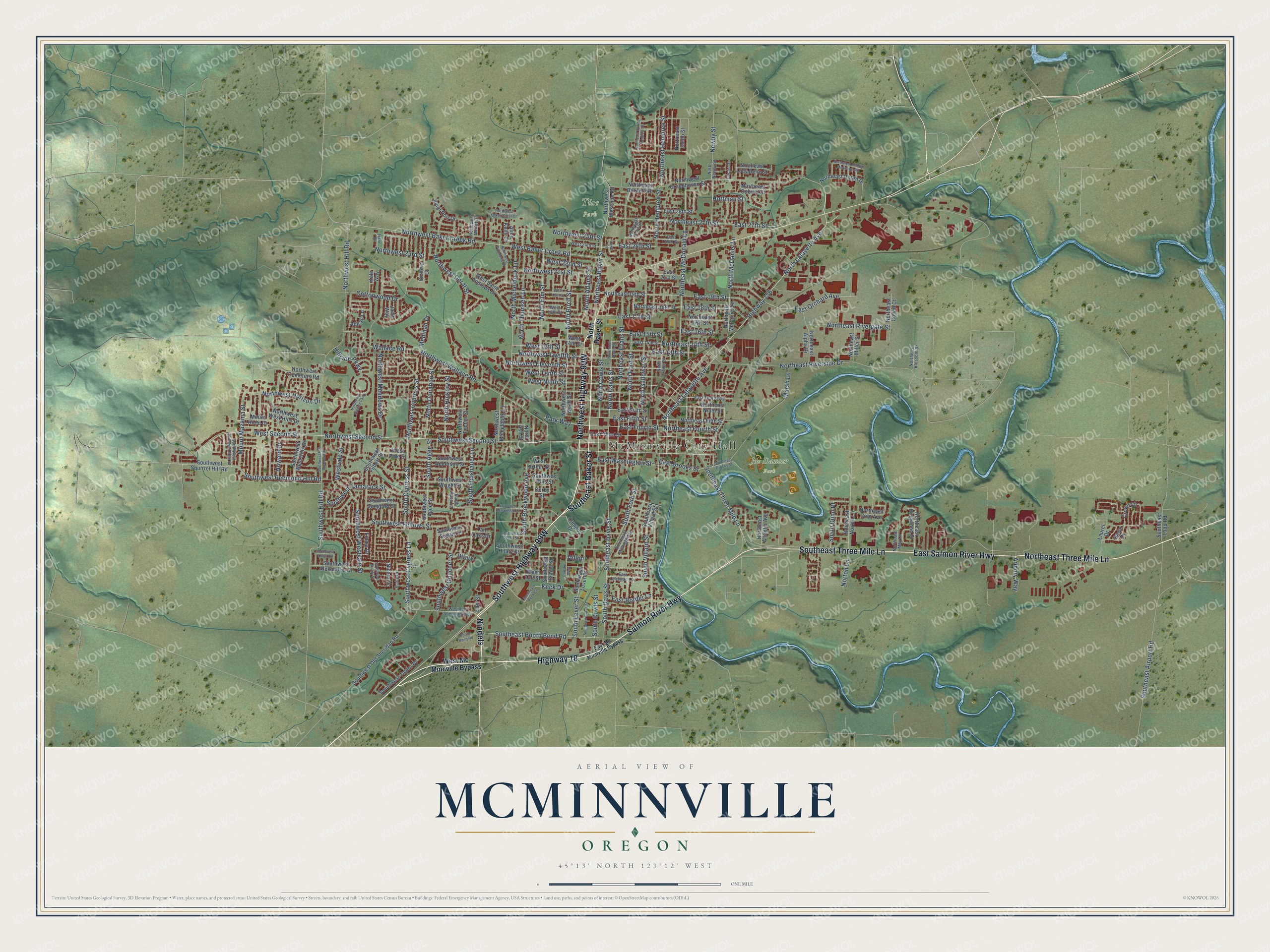 Full map of McMinnville, Oregon, with red buildings, printed street names and the land around them