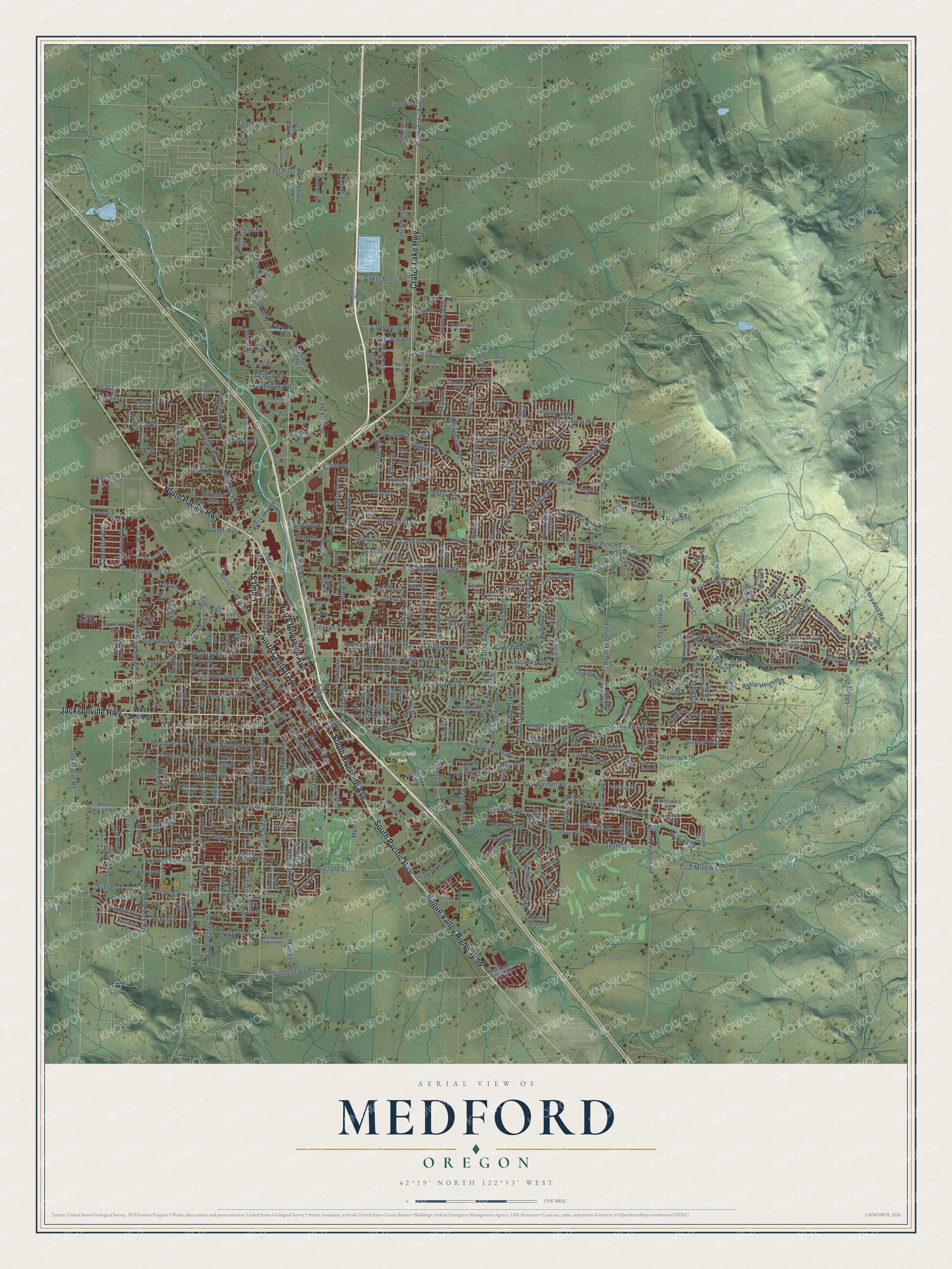 Full map of Medford, Oregon, with red buildings, printed street names and the land around them