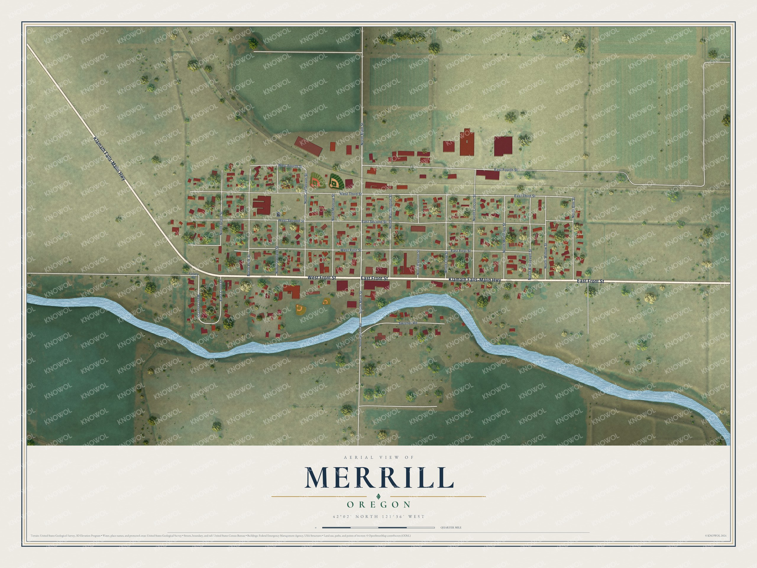 Full map of Merrill, Oregon, with red buildings, printed street names and the land around them