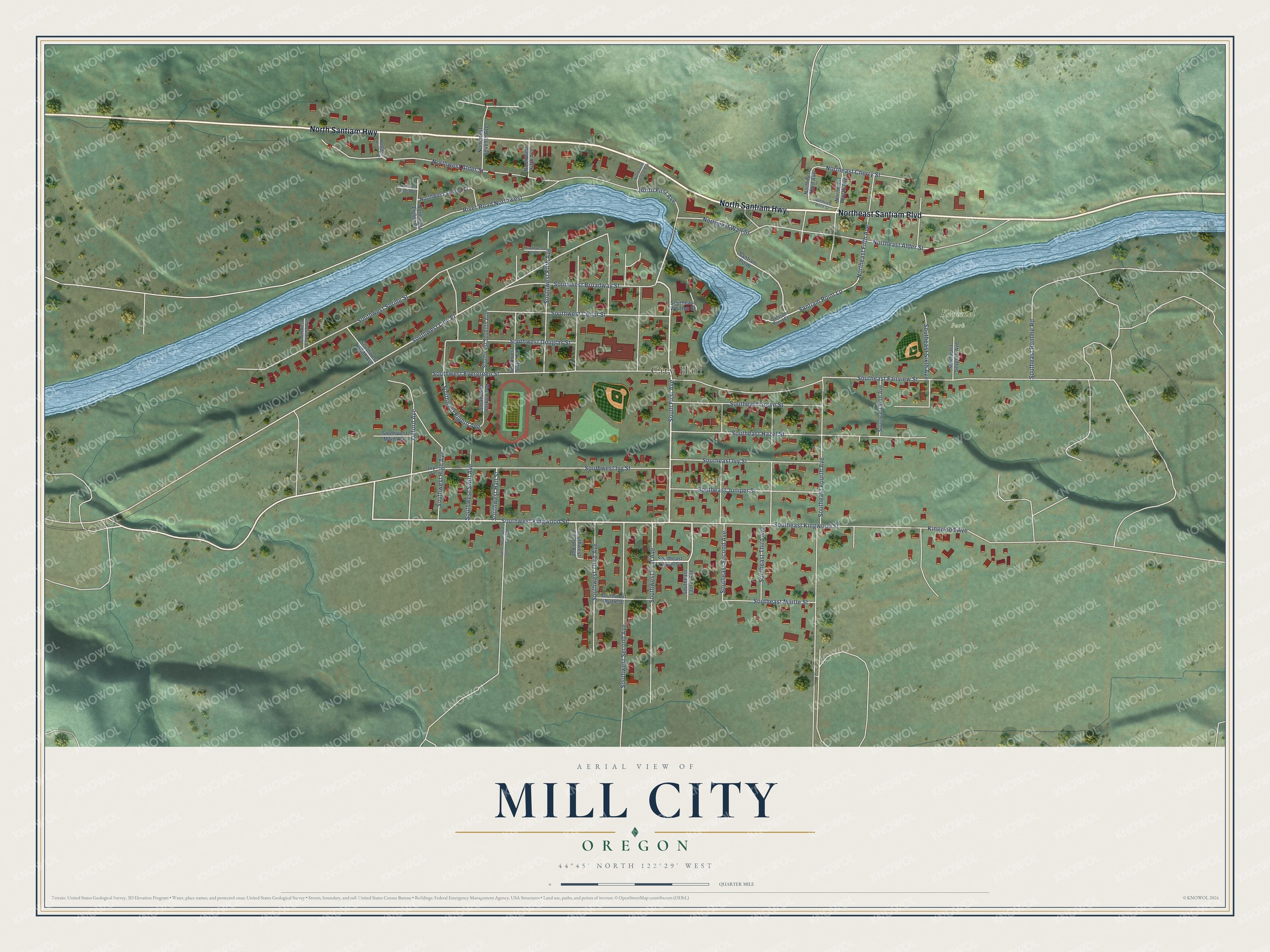 Full map of Mill City, Oregon, with red buildings, printed street names and the land around them