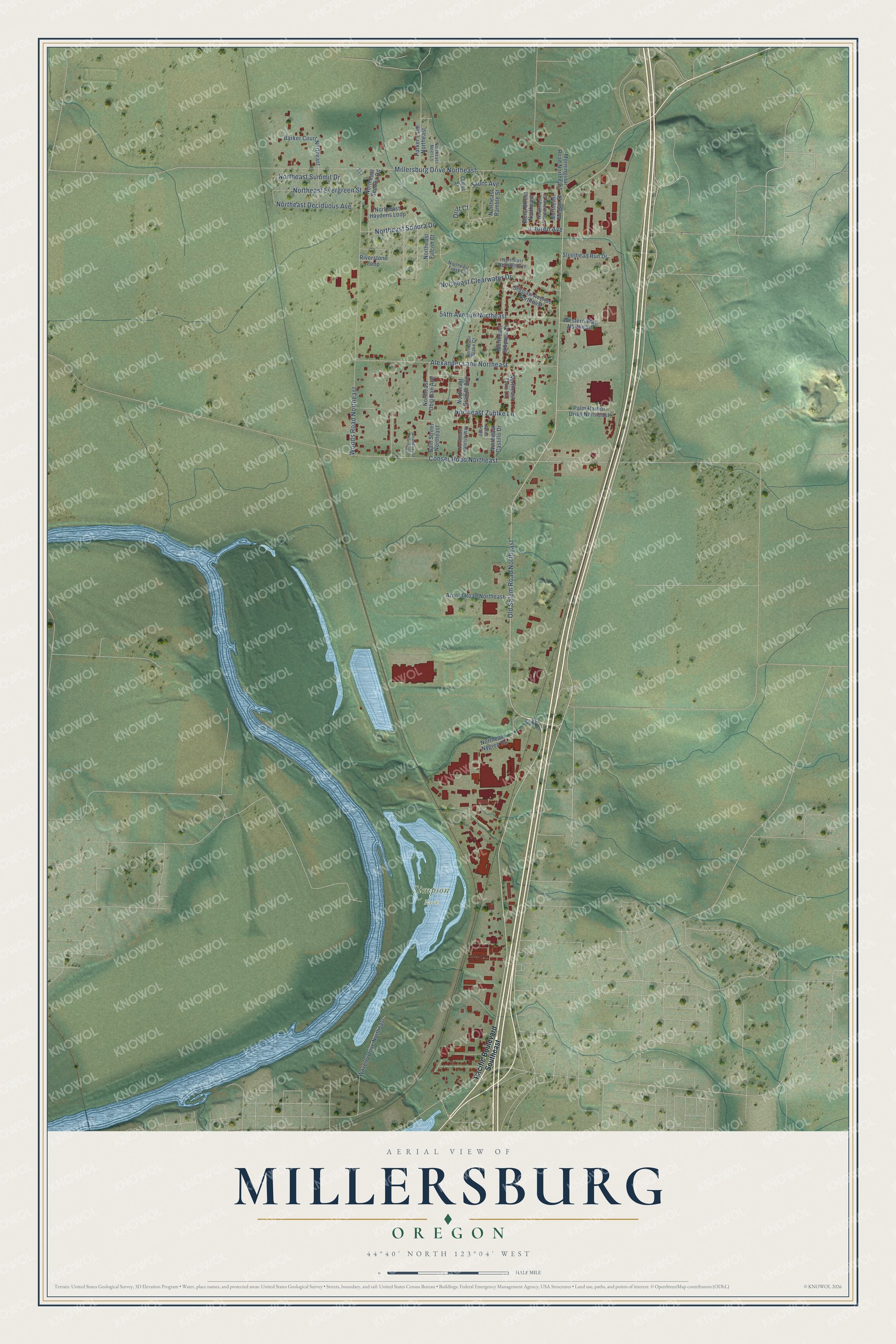 Full map of Millersburg, Oregon, with red buildings, printed street names and the land around them