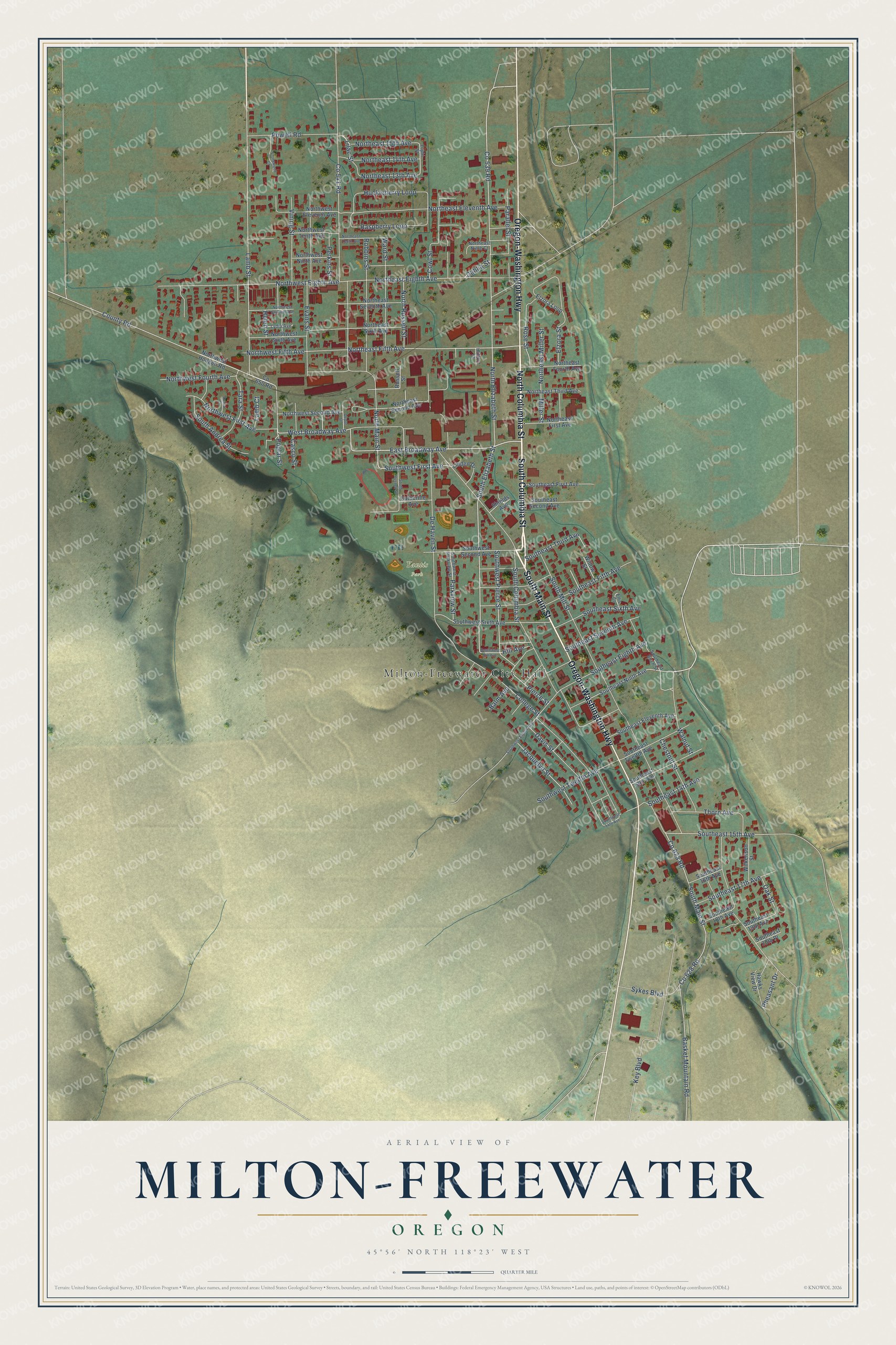 Full map of Milton-Freewater, Oregon, with red buildings, printed street names and the land around them