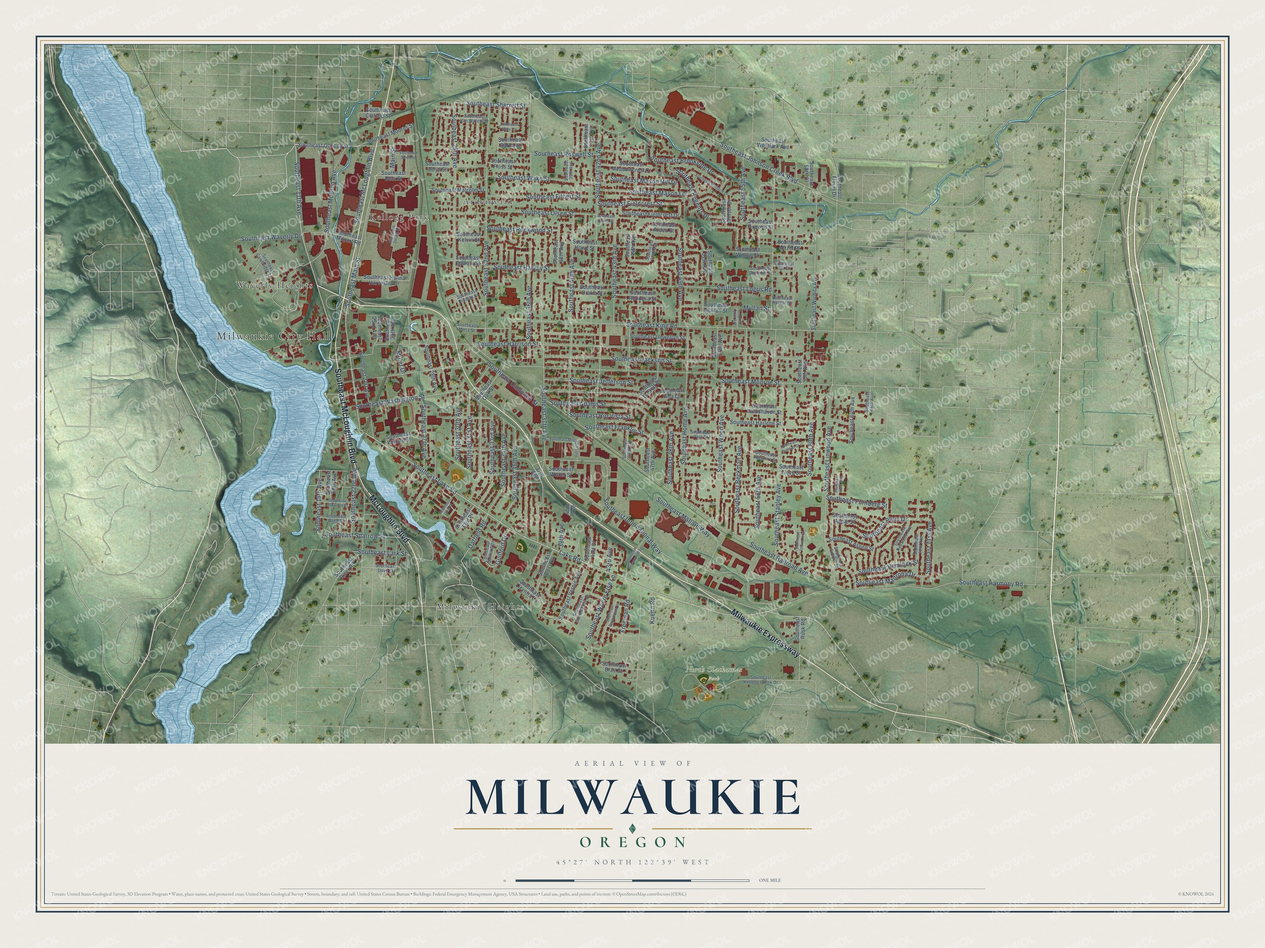 Full map of Milwaukie, Oregon, with red buildings, printed street names and the land around them