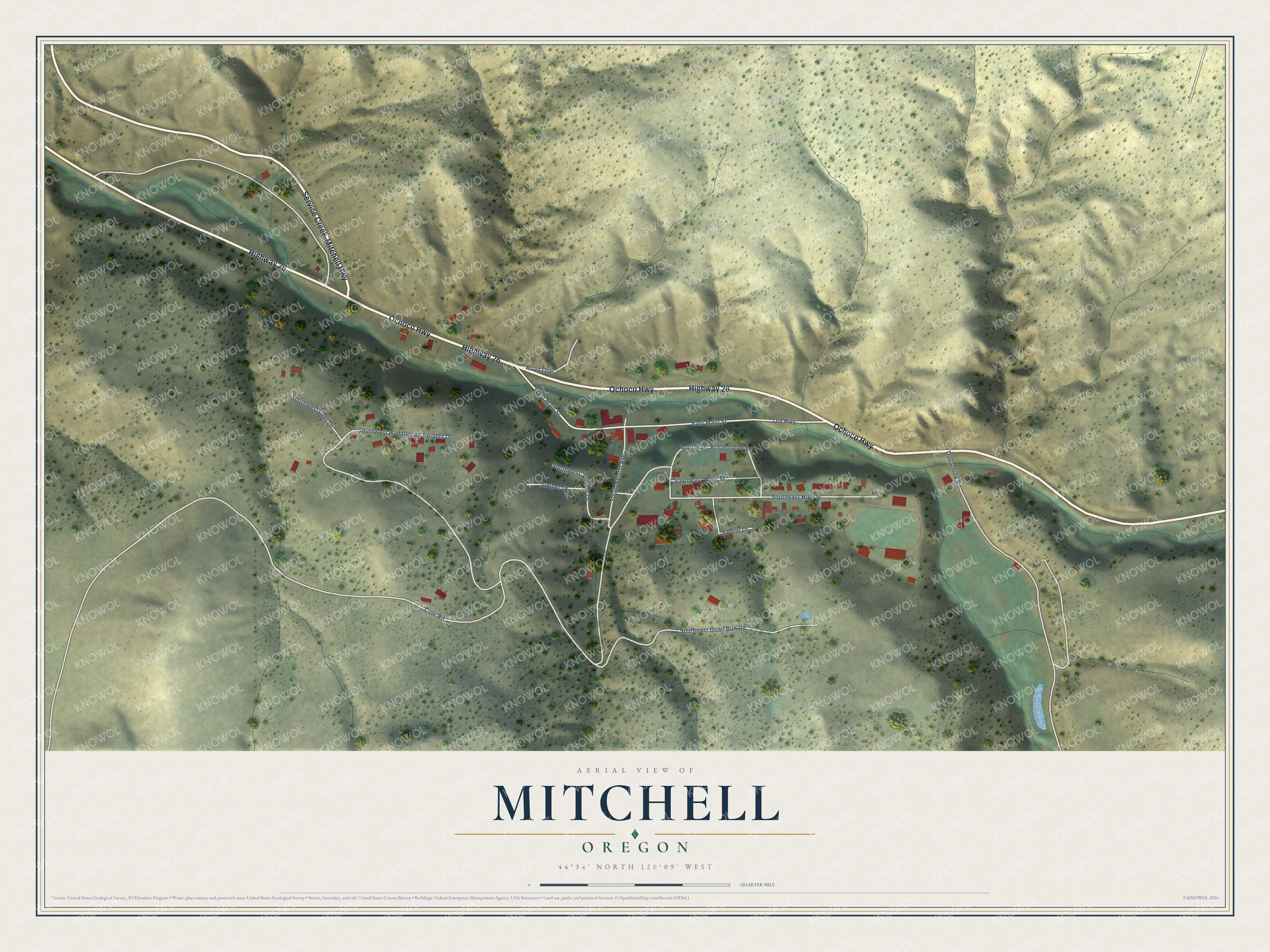 Full map of Mitchell, Oregon, with red buildings, printed street names and the land around them
