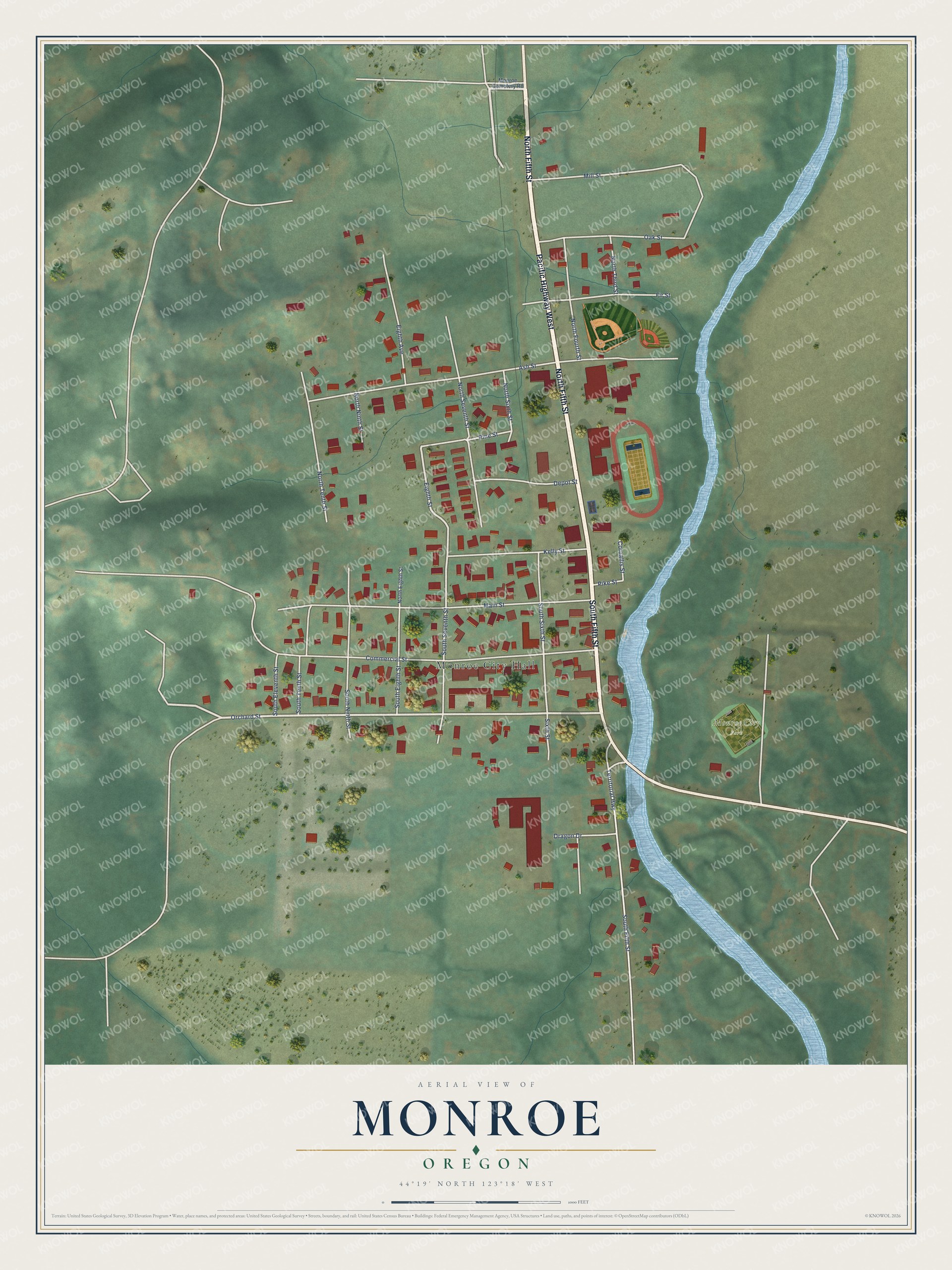 Full map of Monroe, Oregon, with red buildings, printed street names and the land around them