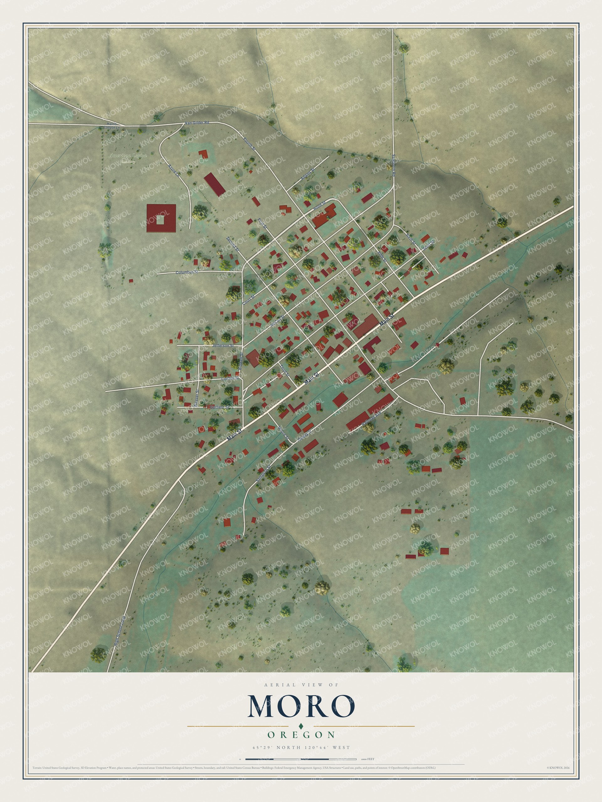 Full map of Moro, Oregon, with red buildings, printed street names and the land around them