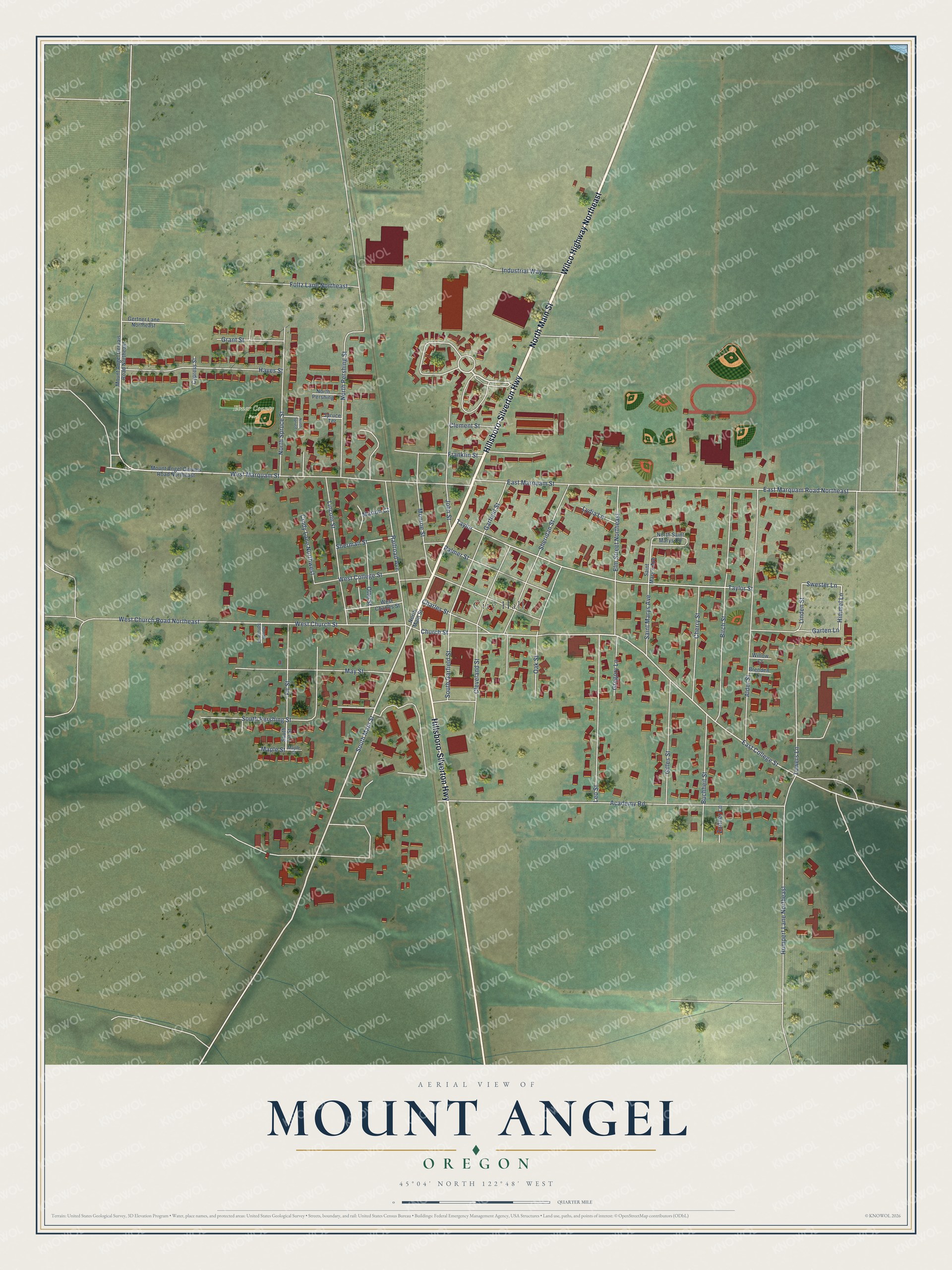 Full map of Mount Angel, Oregon, with red buildings, printed street names and the land around them