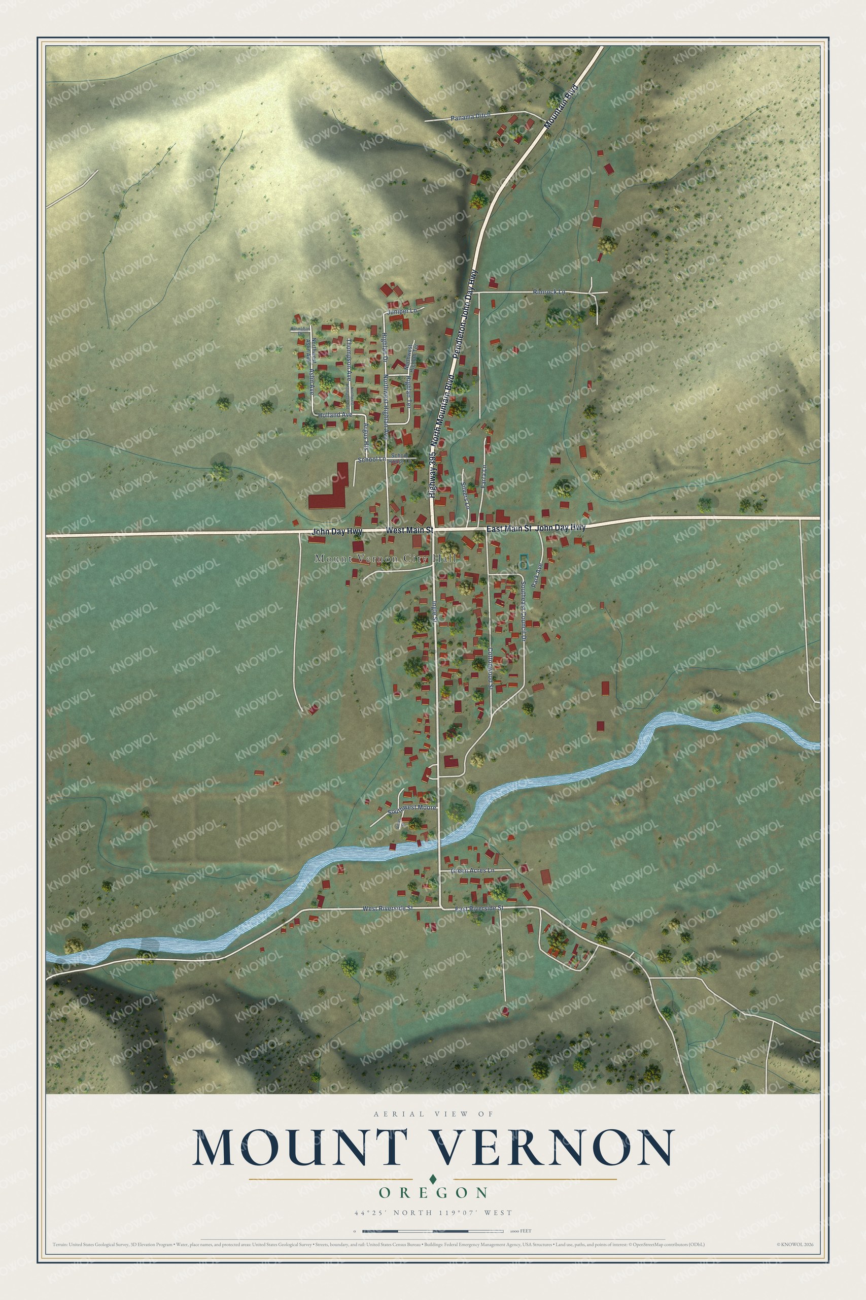 Full map of Mount Vernon, Oregon, with red buildings, printed street names and the land around them