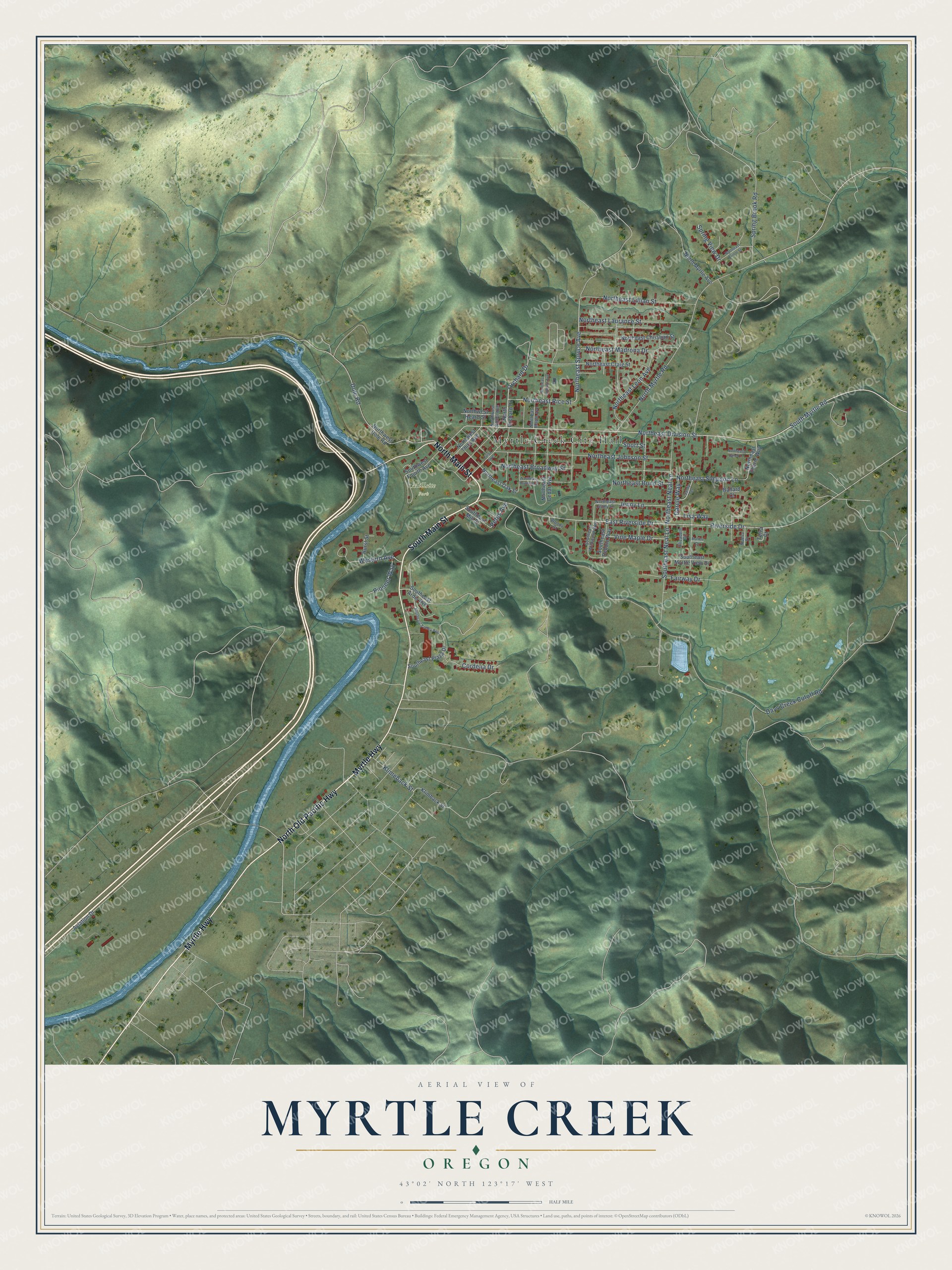 Watermarked full-map preview of Myrtle Creek, Oregon
