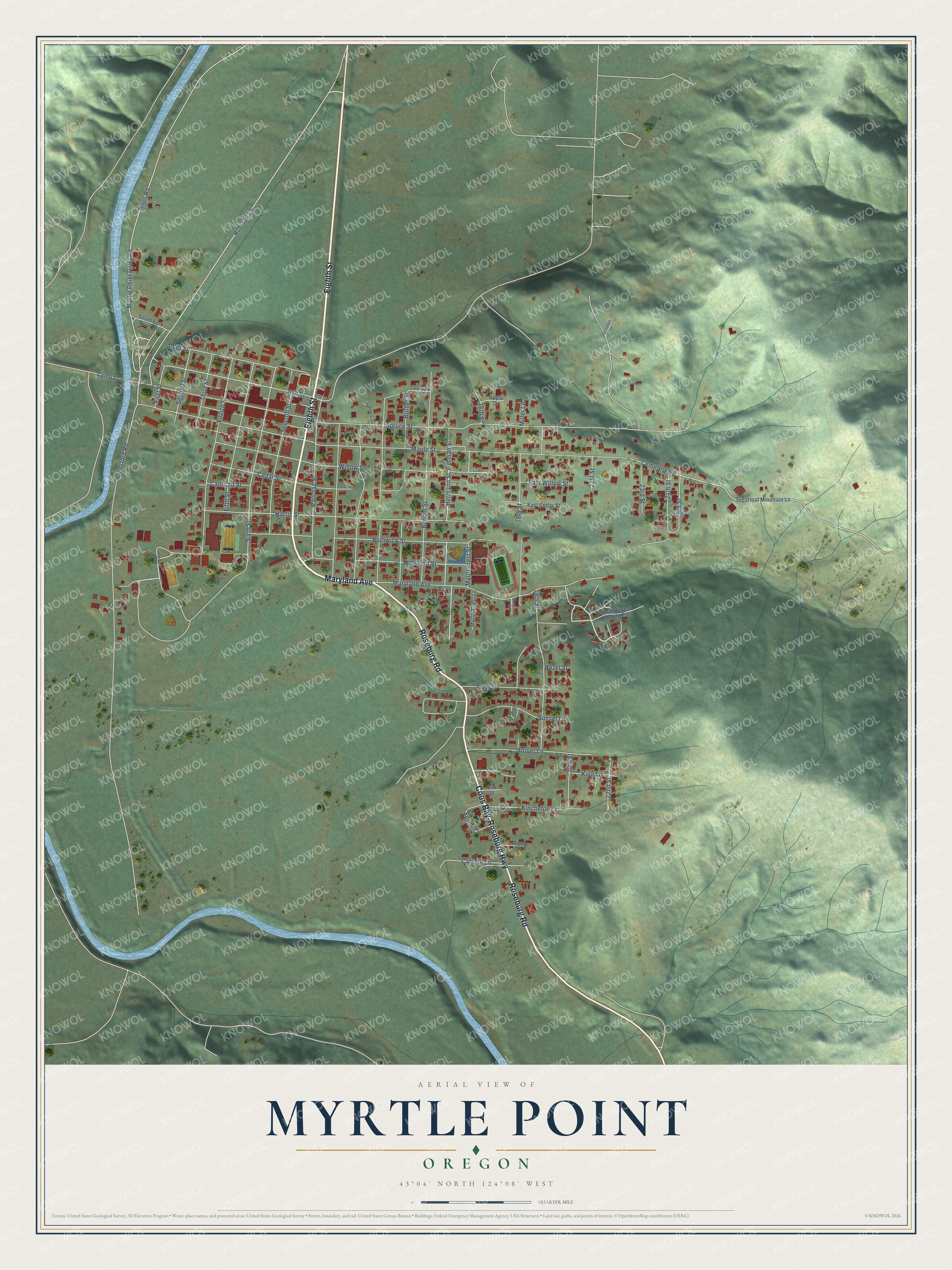 Full map of Myrtle Point, Oregon, with red buildings, printed street names and the land around them