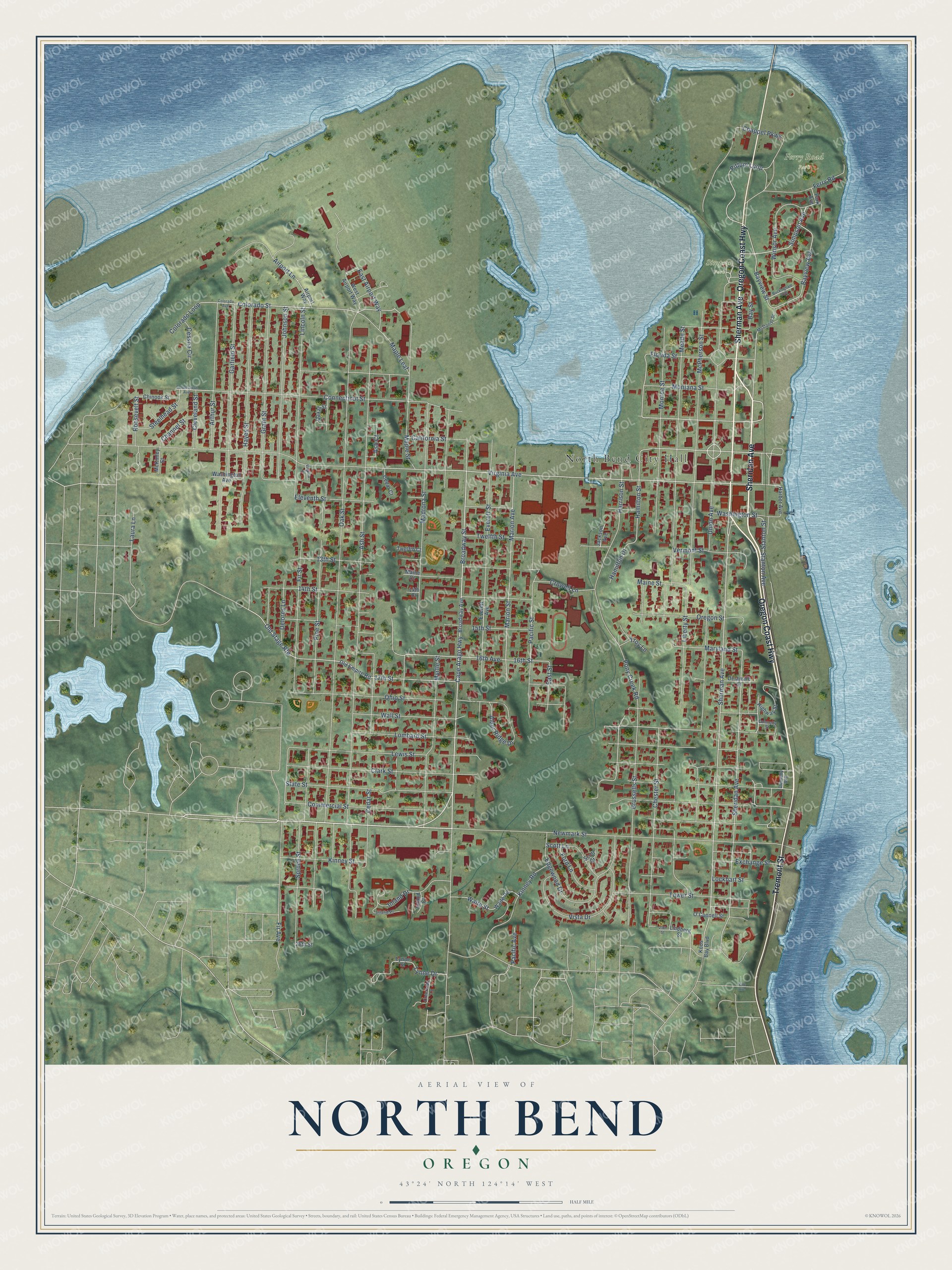 Watermarked full-map preview of North Bend, Oregon