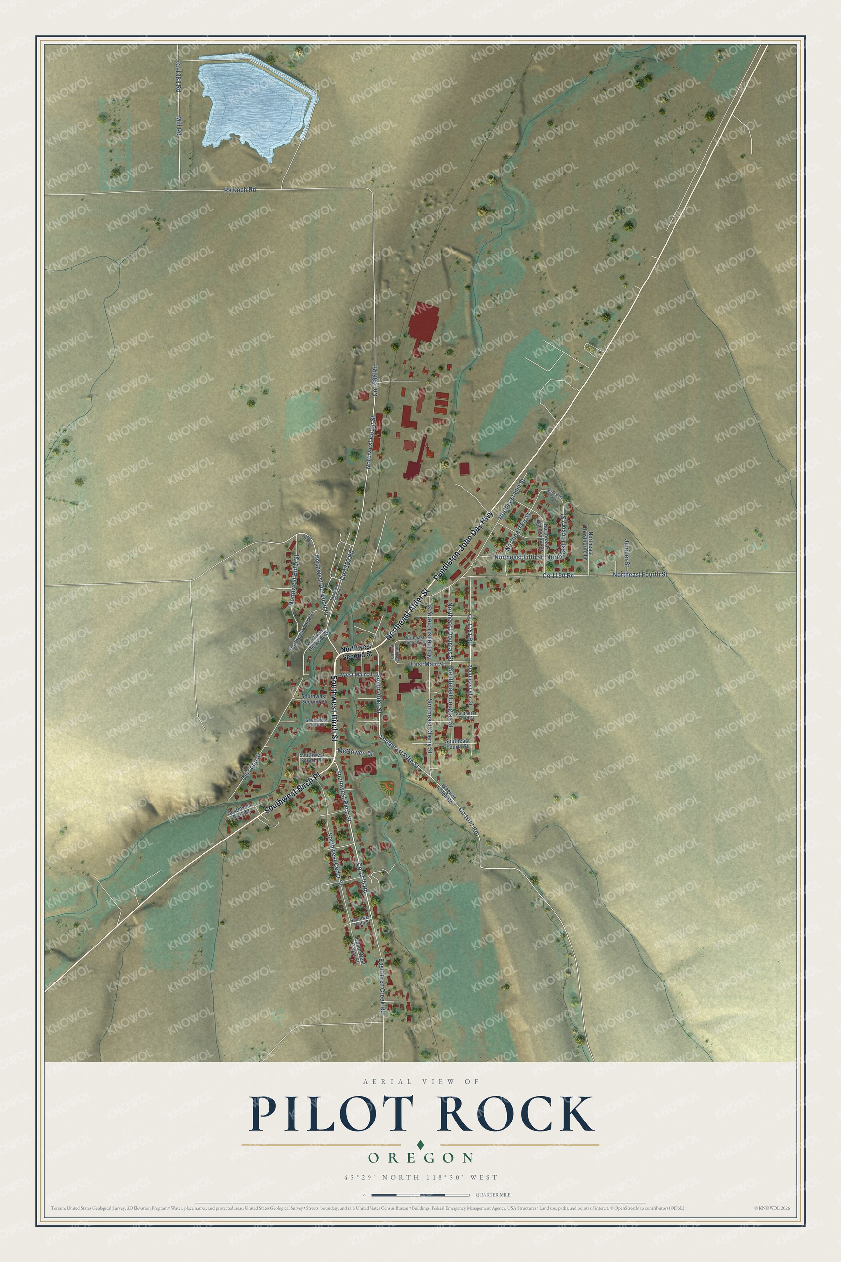Full map of Pilot Rock, Oregon, with red buildings, printed street names and the land around them
