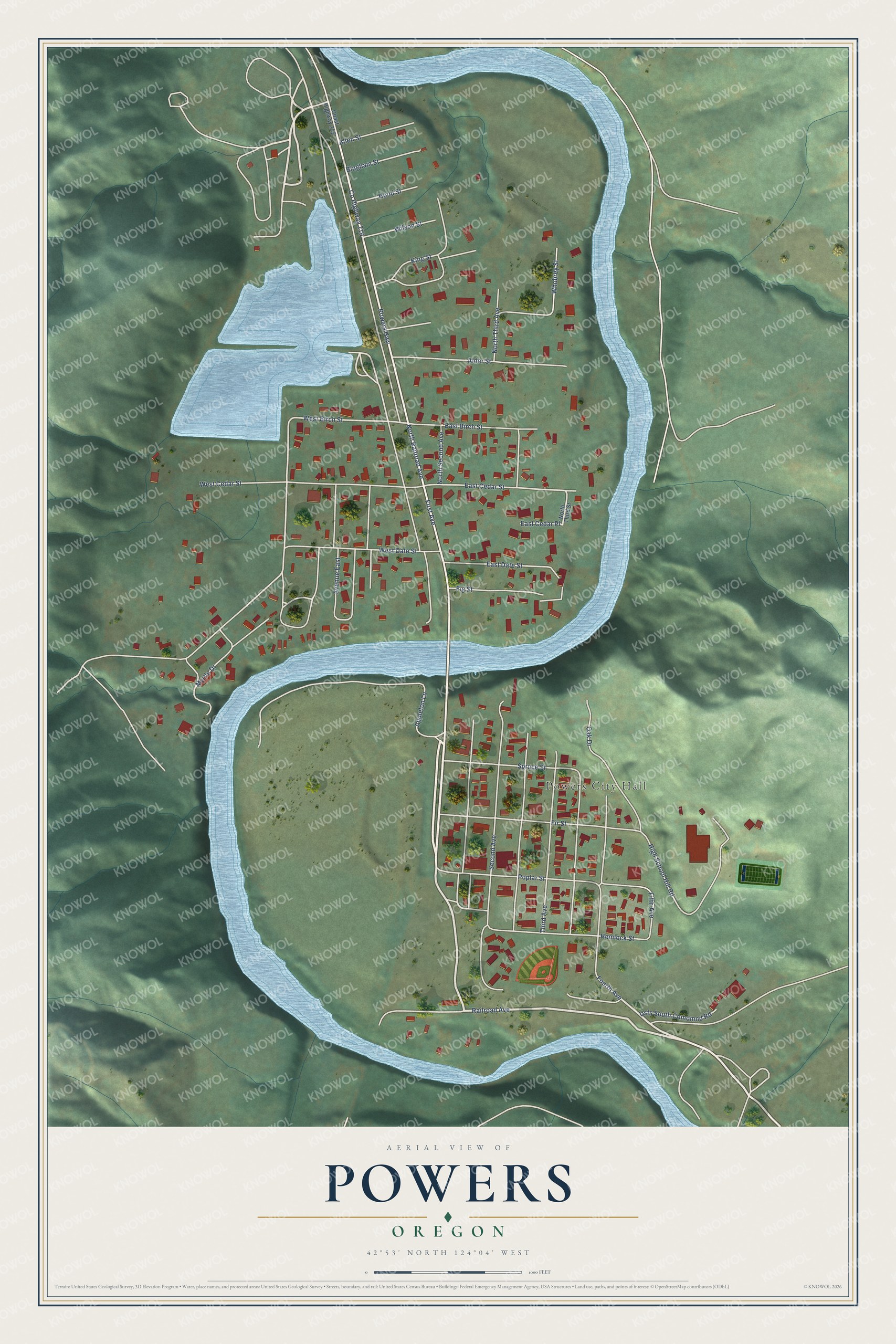 Full map of Powers, Oregon, with red buildings, printed street names and the land around them