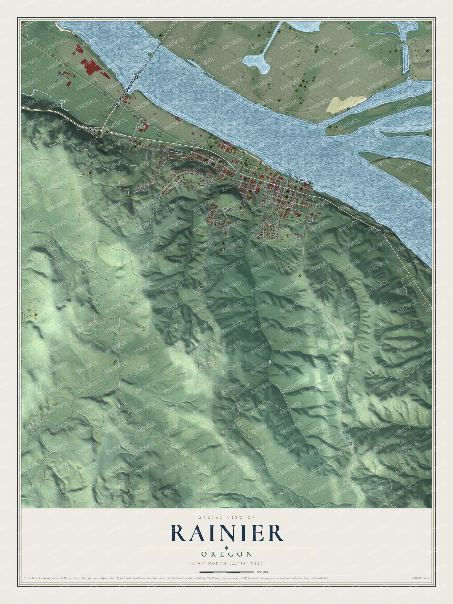 Watermarked full-map preview of Rainier, Oregon