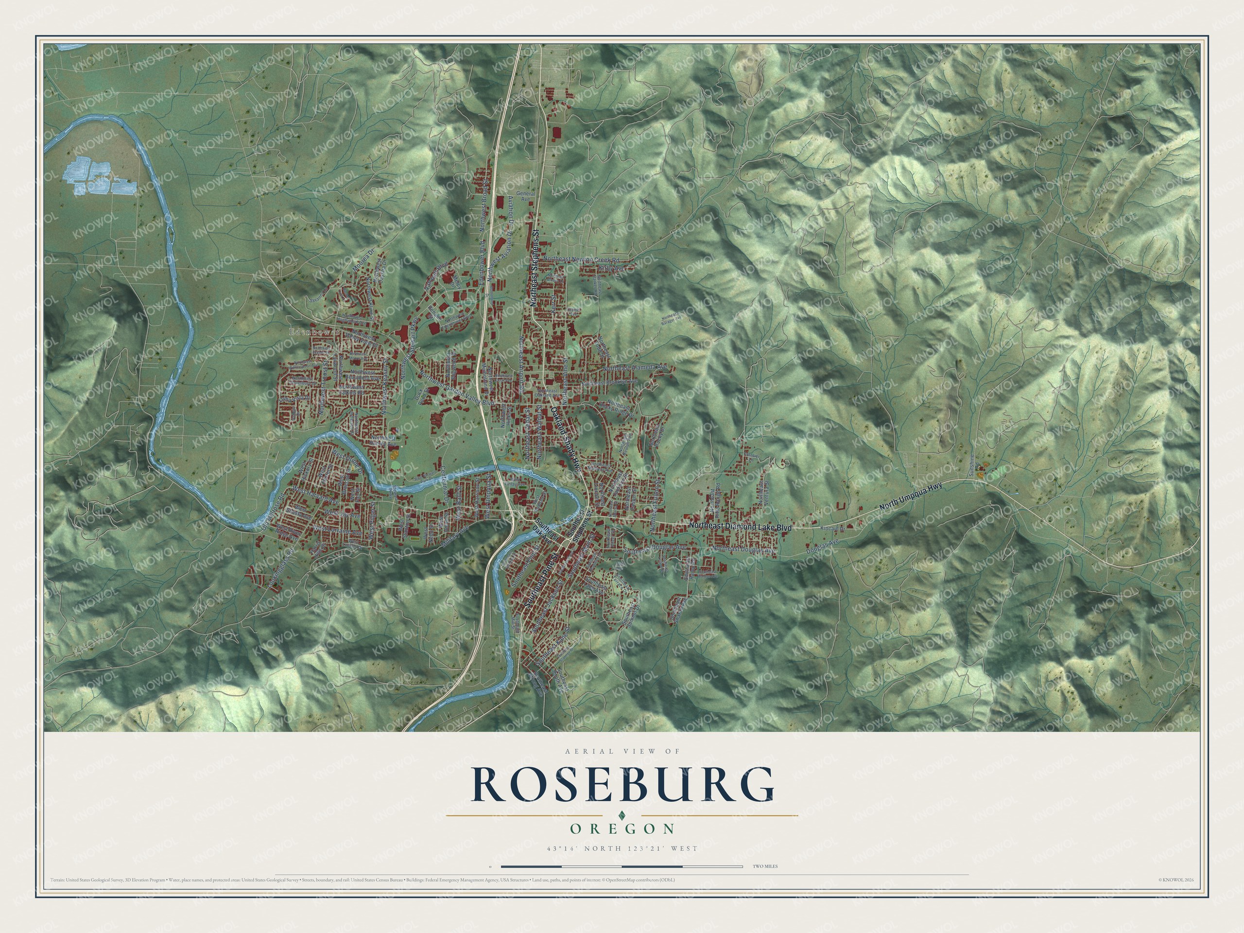 Watermarked full-map preview of Roseburg, Oregon