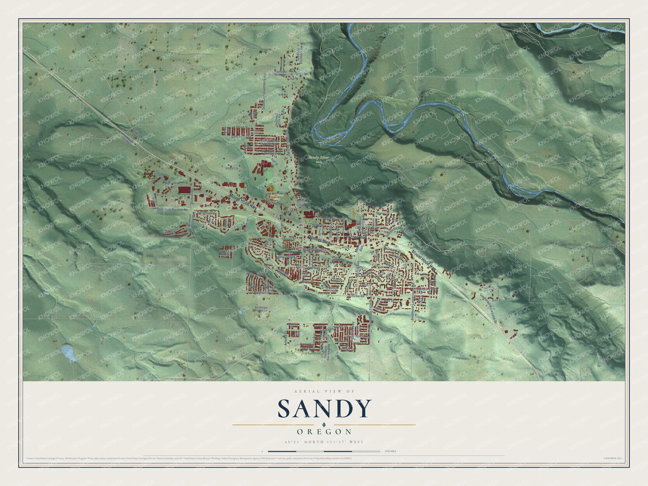 Full map of Sandy, Oregon, with red buildings, printed street names and the land around them