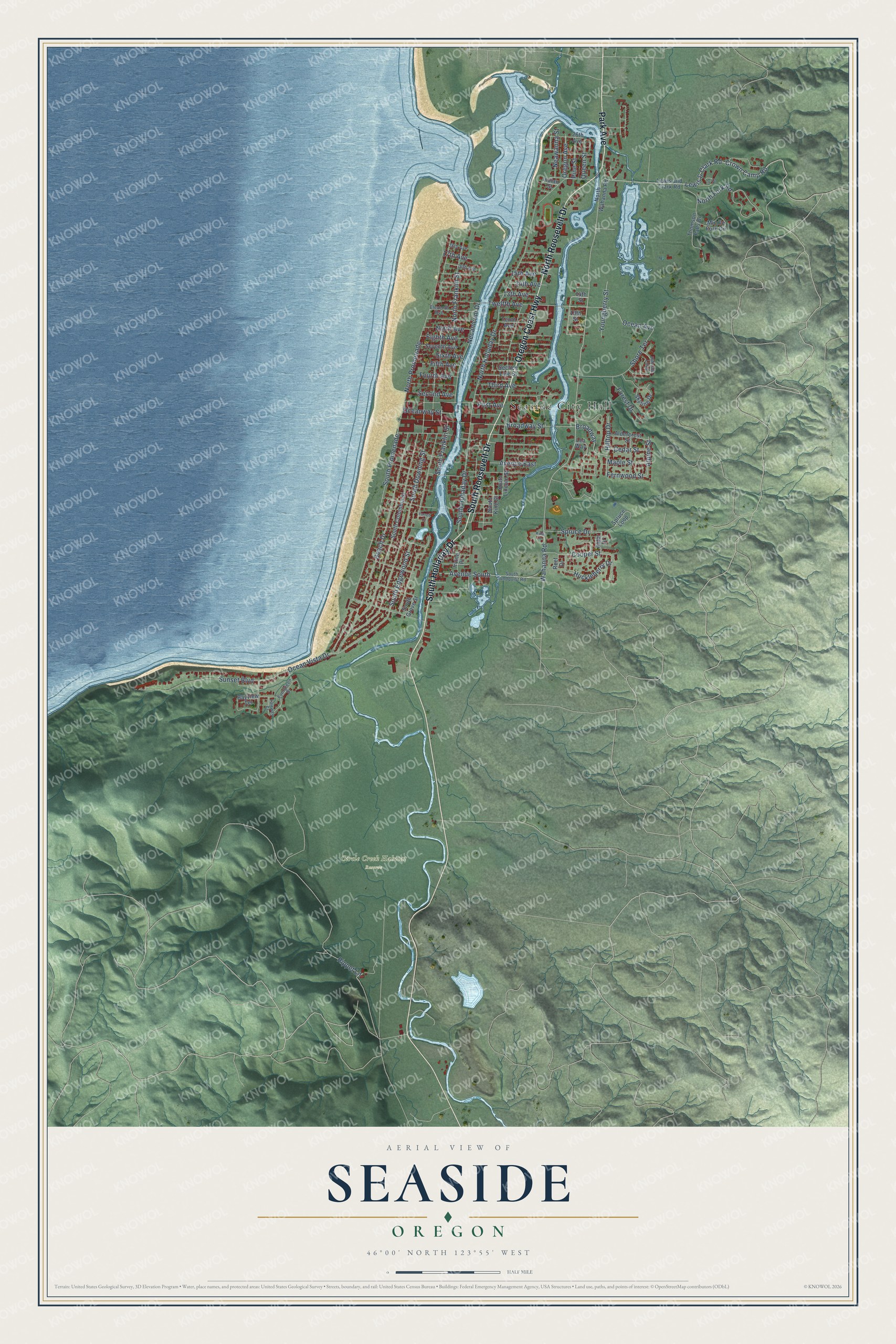 Watermarked full-map preview of Seaside, Oregon