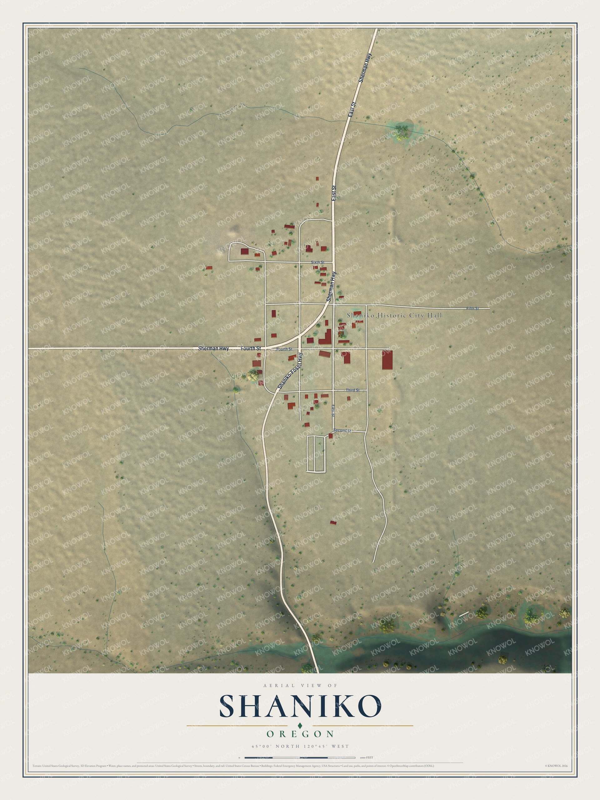Full map of Shaniko, Oregon, with red buildings, printed street names and the land around them