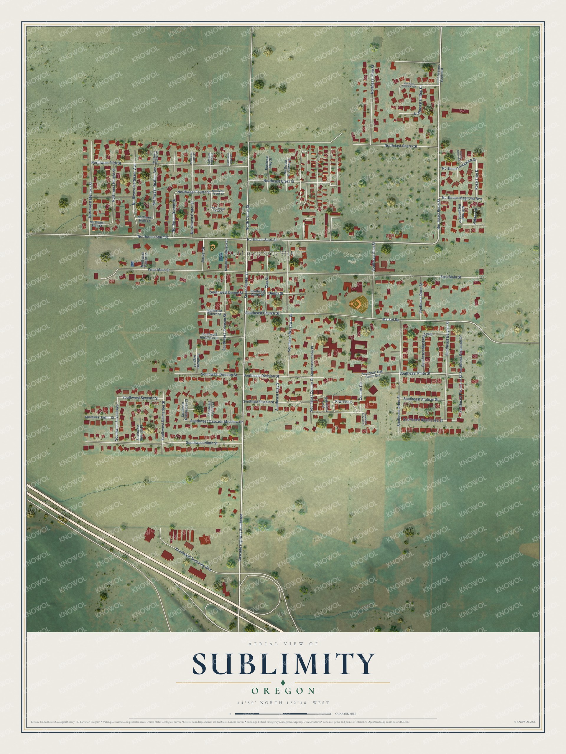 Full map of Sublimity, Oregon, with red buildings, printed street names and the land around them
