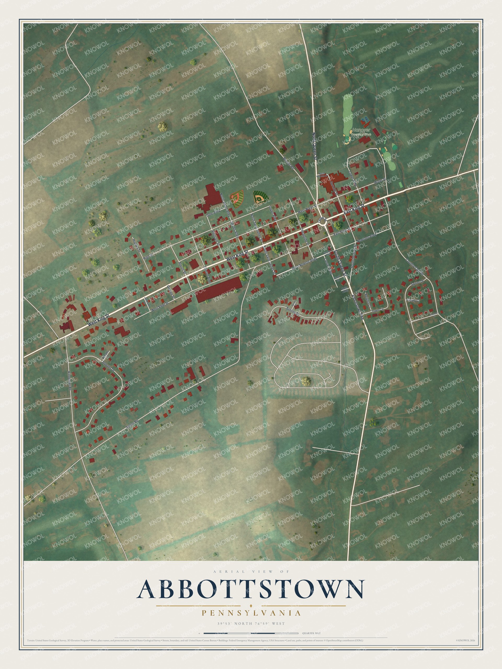 Full map of Abbottstown, Pennsylvania, with red buildings, printed street names and the land around them