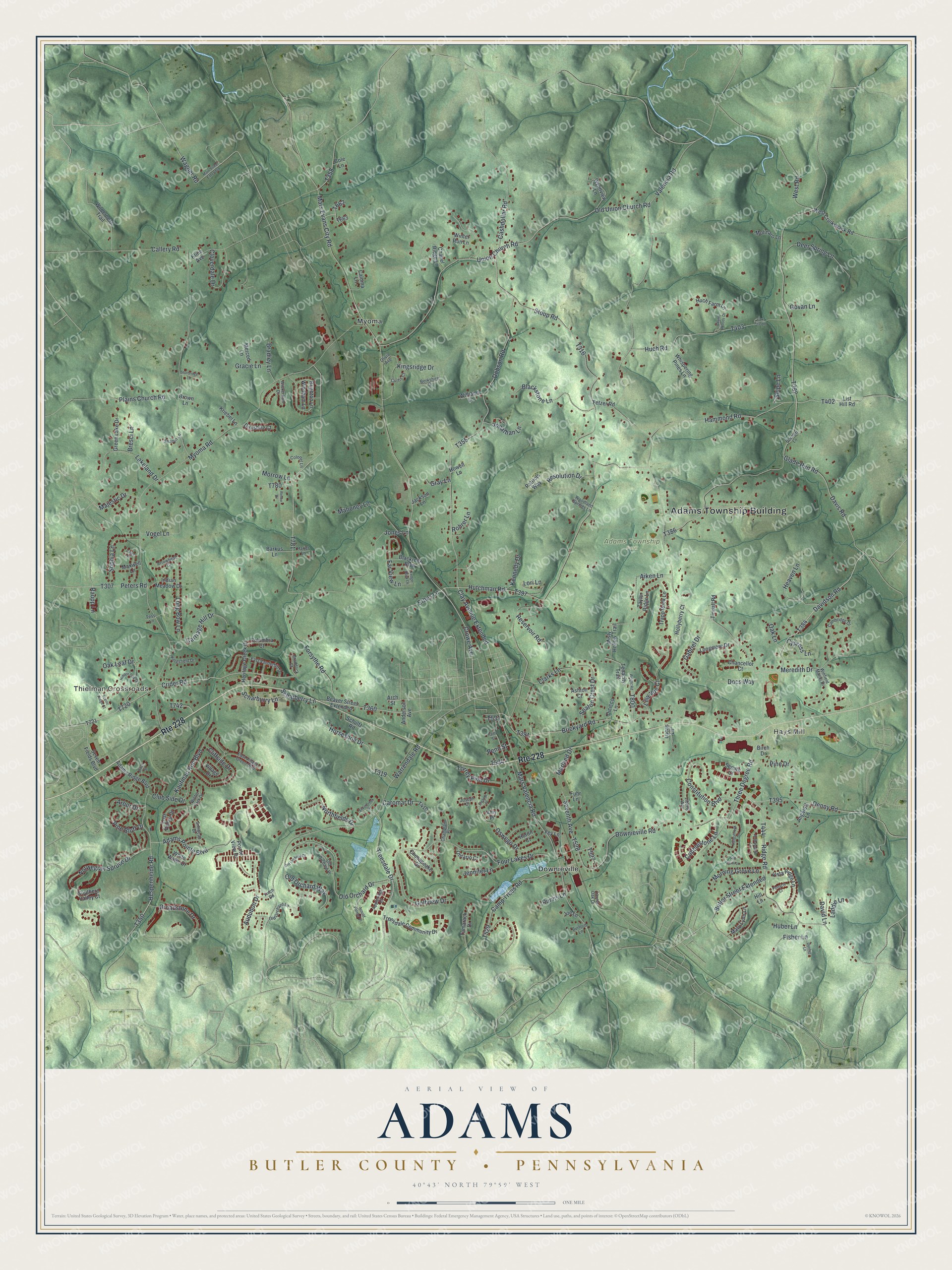 Full map of Adams, Butler County, Pennsylvania, with red buildings, printed street names and the land around them