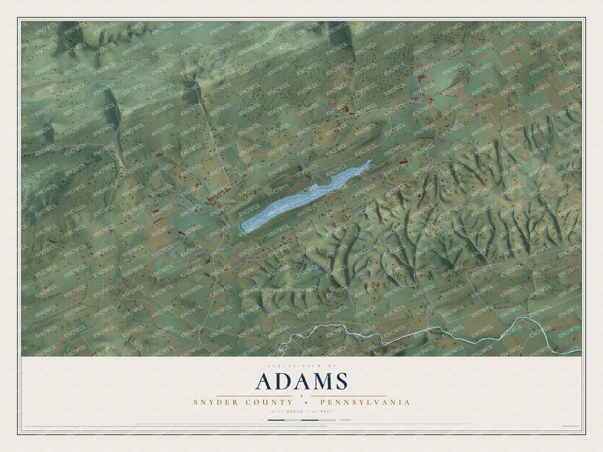 Full map of Adams, Snyder County, Pennsylvania, with red buildings, printed street names and the land around them