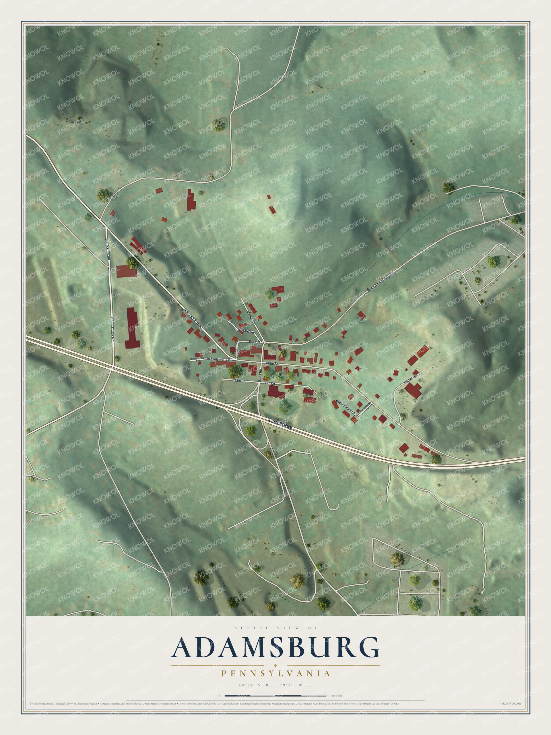 Full map of Adamsburg, Pennsylvania, with red buildings, printed street names and the land around them