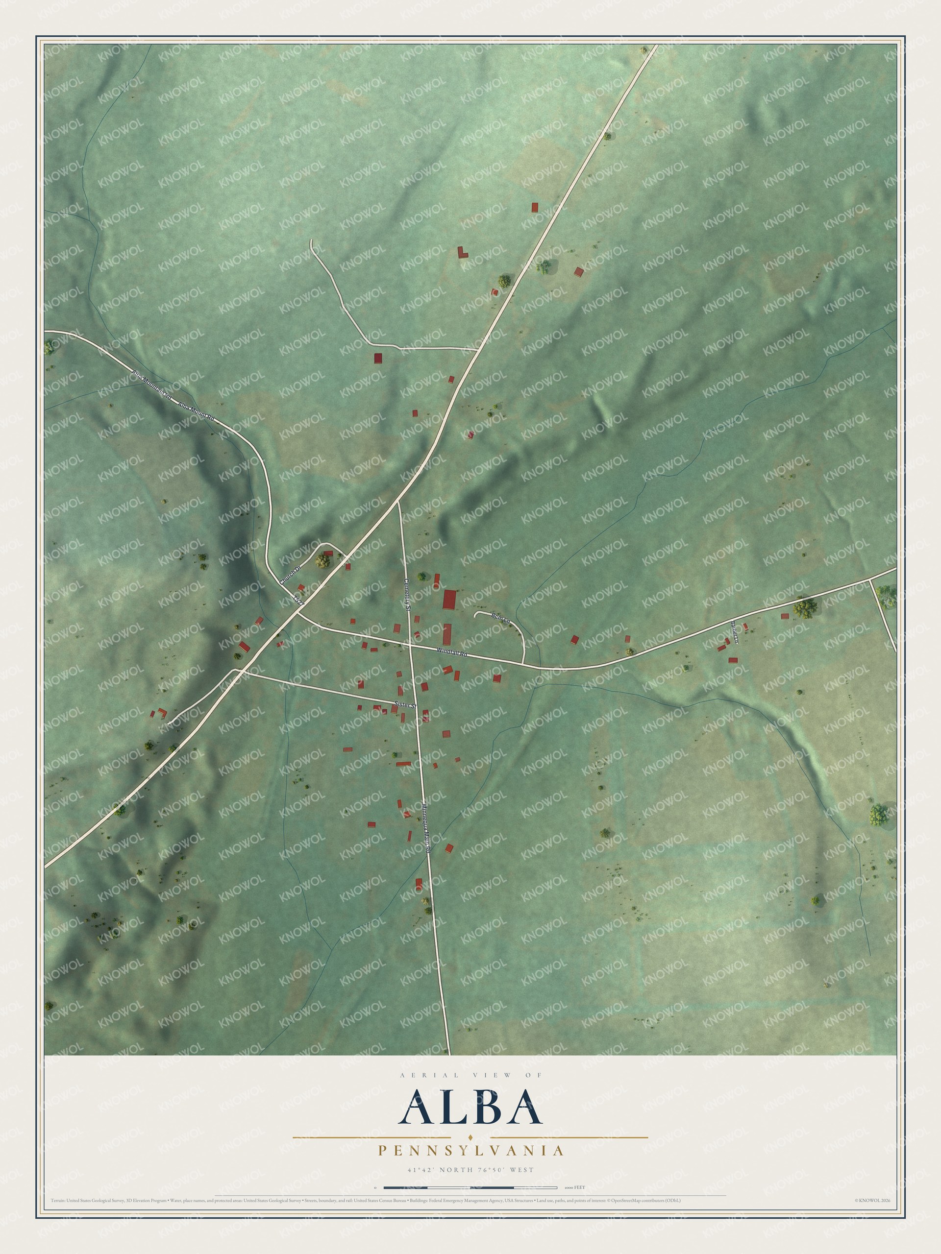 Full map of Alba, Pennsylvania, with red buildings, printed street names and the land around them